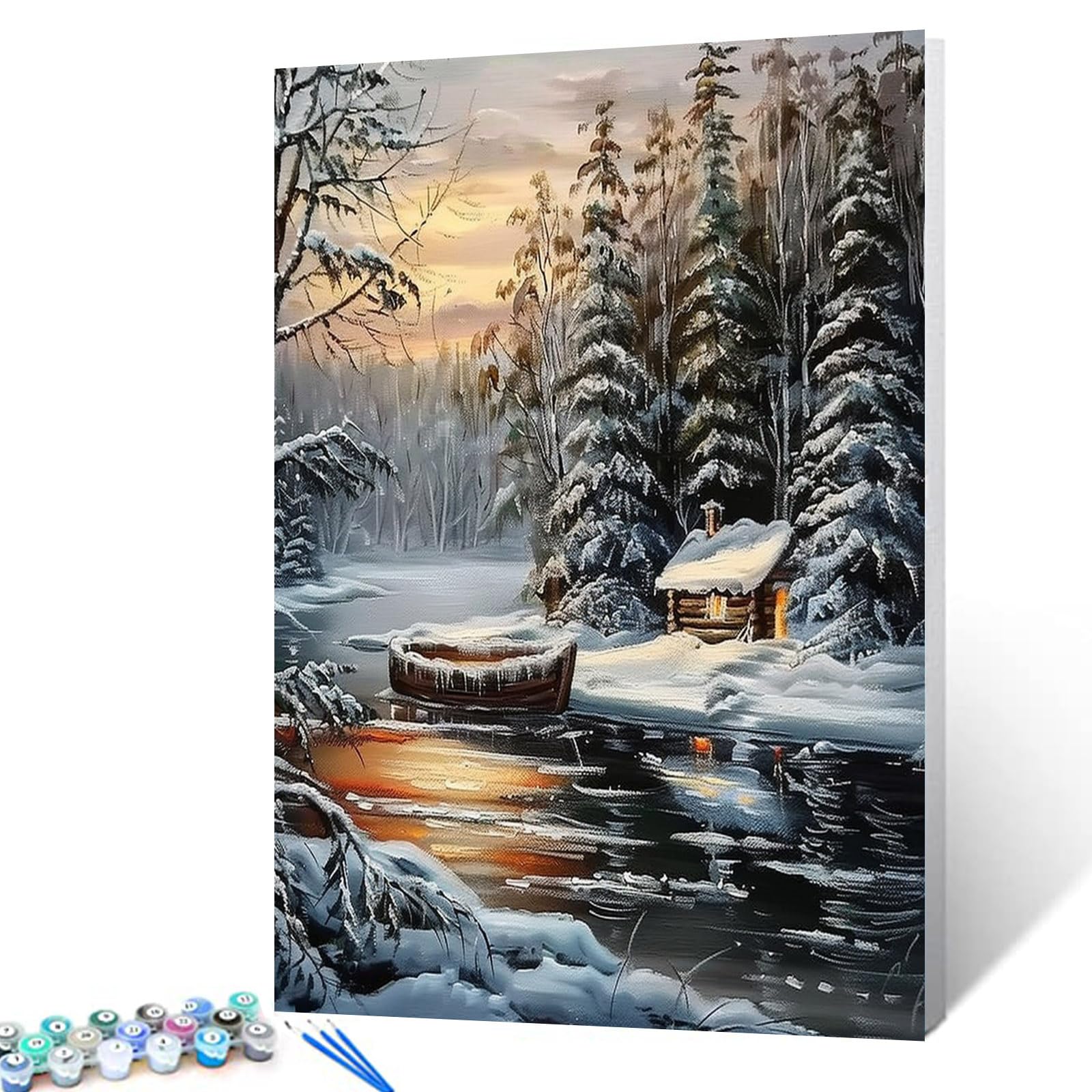 Winter Snow Scenery Paint by Numbers Kits 16x20 inch Canvas Abandon Wooden Boat DIY Oil Painting for Kids, Adults Beginner Fantasy Forest Artwork with