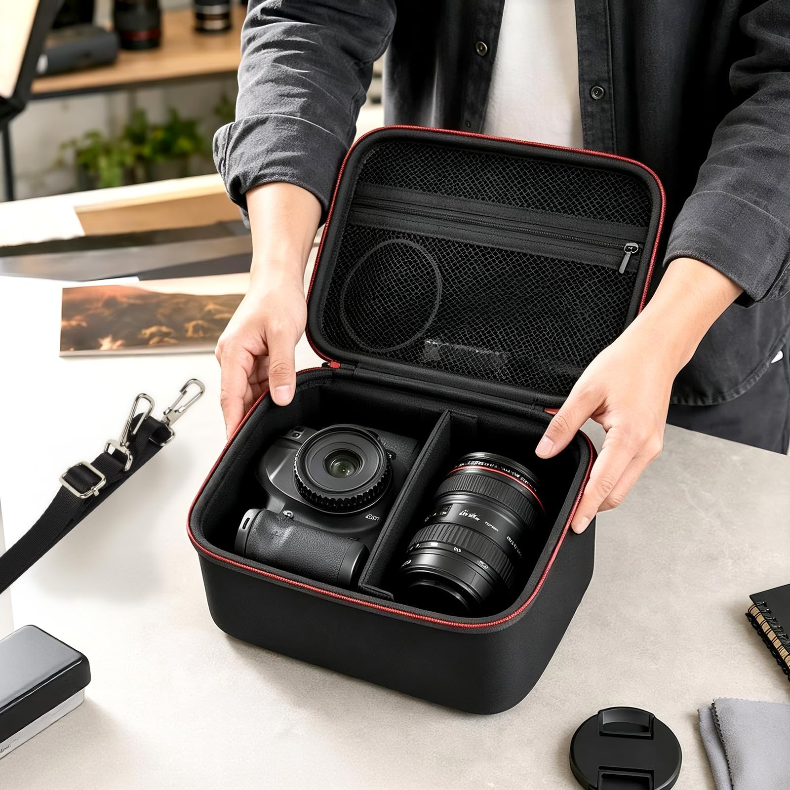 Boobowl Kameratasche kompatibel mit Canon EOS R50 R100 R10 R7 2000D 250D, Sony Alpha ZV-E10 A6700 A6400, Nikon Z50II D7500, Hartschalen-Fototasche mit Schultergurt und 6 Steckfächern - Schwarz