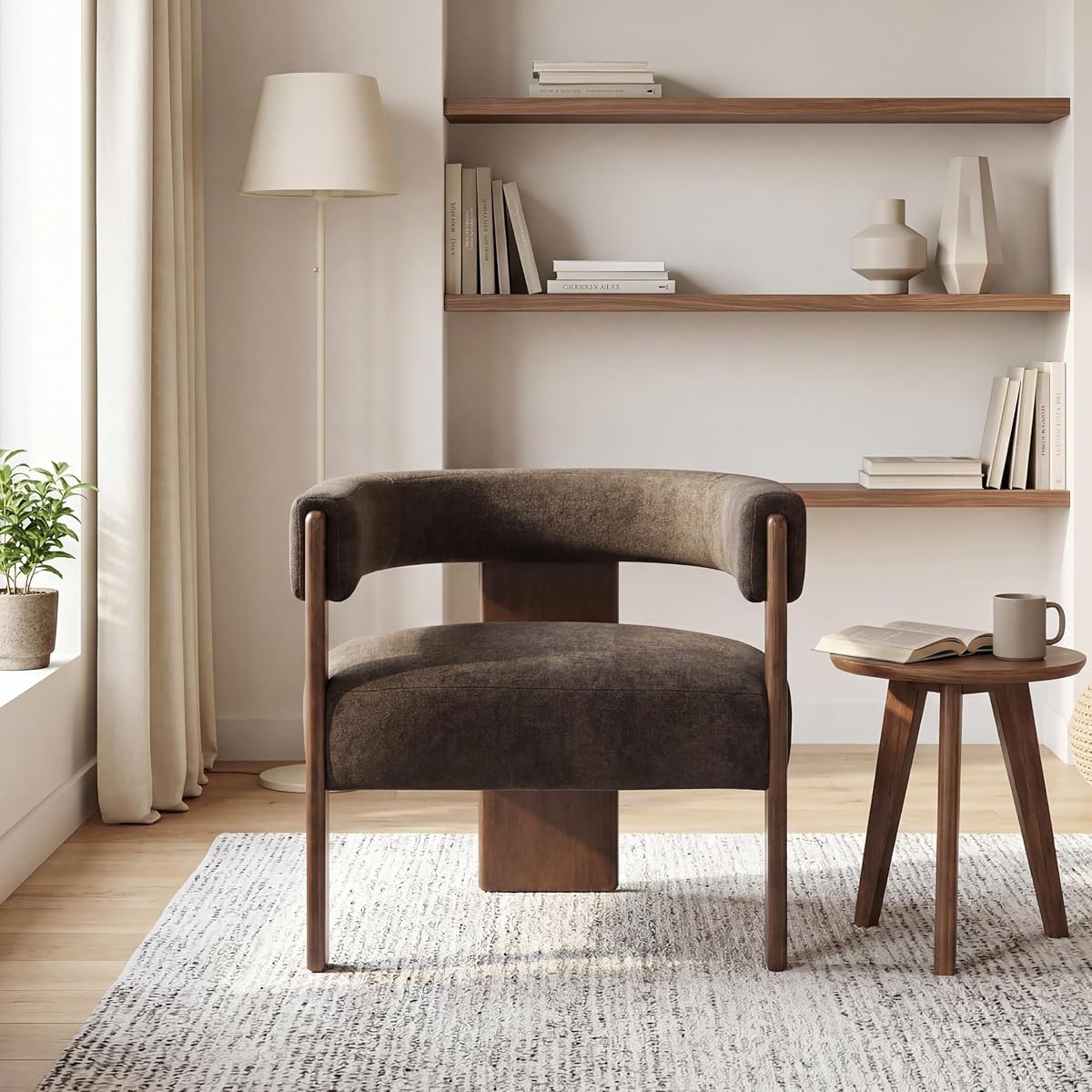 Christopher Knight Home Nettie Silla moderna para sala de estar, sofá individual de tela de terciopelo con marco de madera, sillón con cojín, cómoda silla de lectura para dormitorio, color marrón oscuro