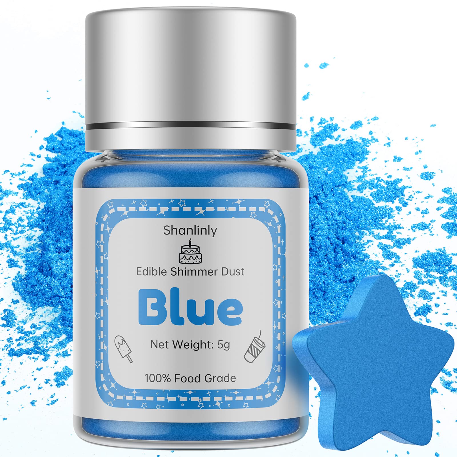 Shanlinly Blue Edible Luster Dust - 5 Grams Food Grade Cake Dust Shimmer Powdered, Edible Metallic Powder Food Coloring for Cake Decorating, Chocolates, Fondant, Drinks, Painting & More, Vegan
