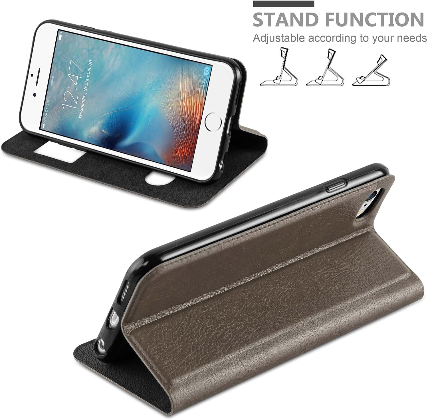 Cadorabo Book Case Compatible with Apple iPhone 6 / iPhone 6S in Stone Brown - with Magnetic Closure, 2 Viewing Windows and Stand Function - Wallet Etui Cover Pouch PU Leather Flip