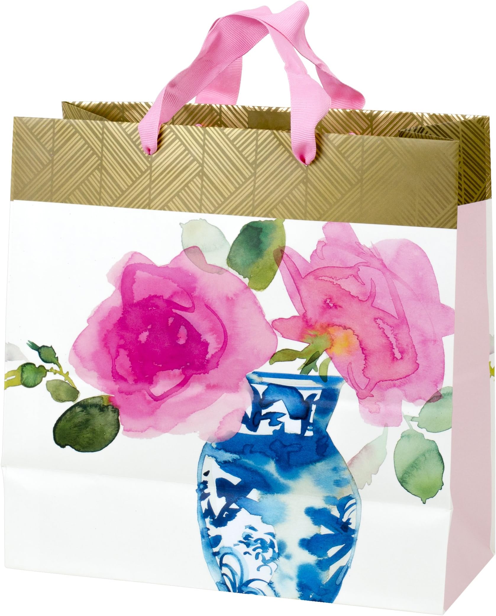10" Large Square Gift Bag (Watercolor Flower and Vase) for Birthdays, Mothers Day, Anniversary, Bridal Showers and More