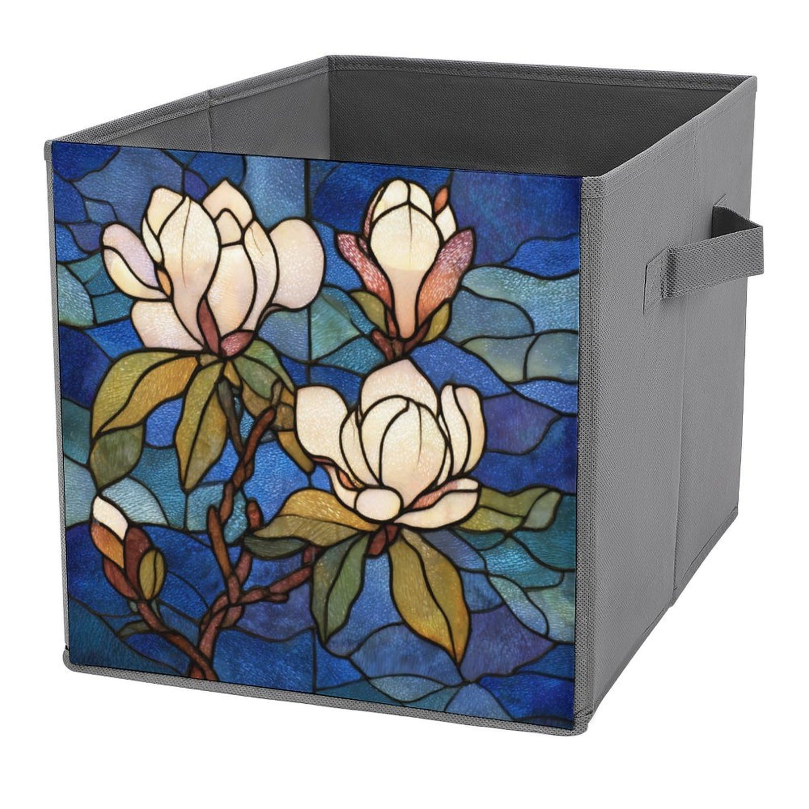 Jubonexis Southern Magnolia Tree Stained Glass Cube Storage Bins Storage Cubes Foldable Decorative Fabric Storage Baskets Home Organizers with Handles for Shelves,Closet, 27x27 CM