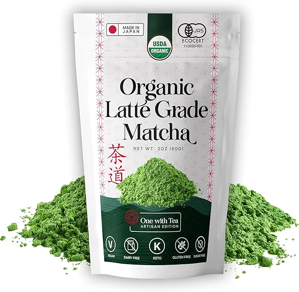 ONE WITH TEA Organic Matcha Latte Powder – Japanese Green Tea, USDA Organic, Made in, 2oz | For Hot & Iced Drinks, Smoothies & Lattes