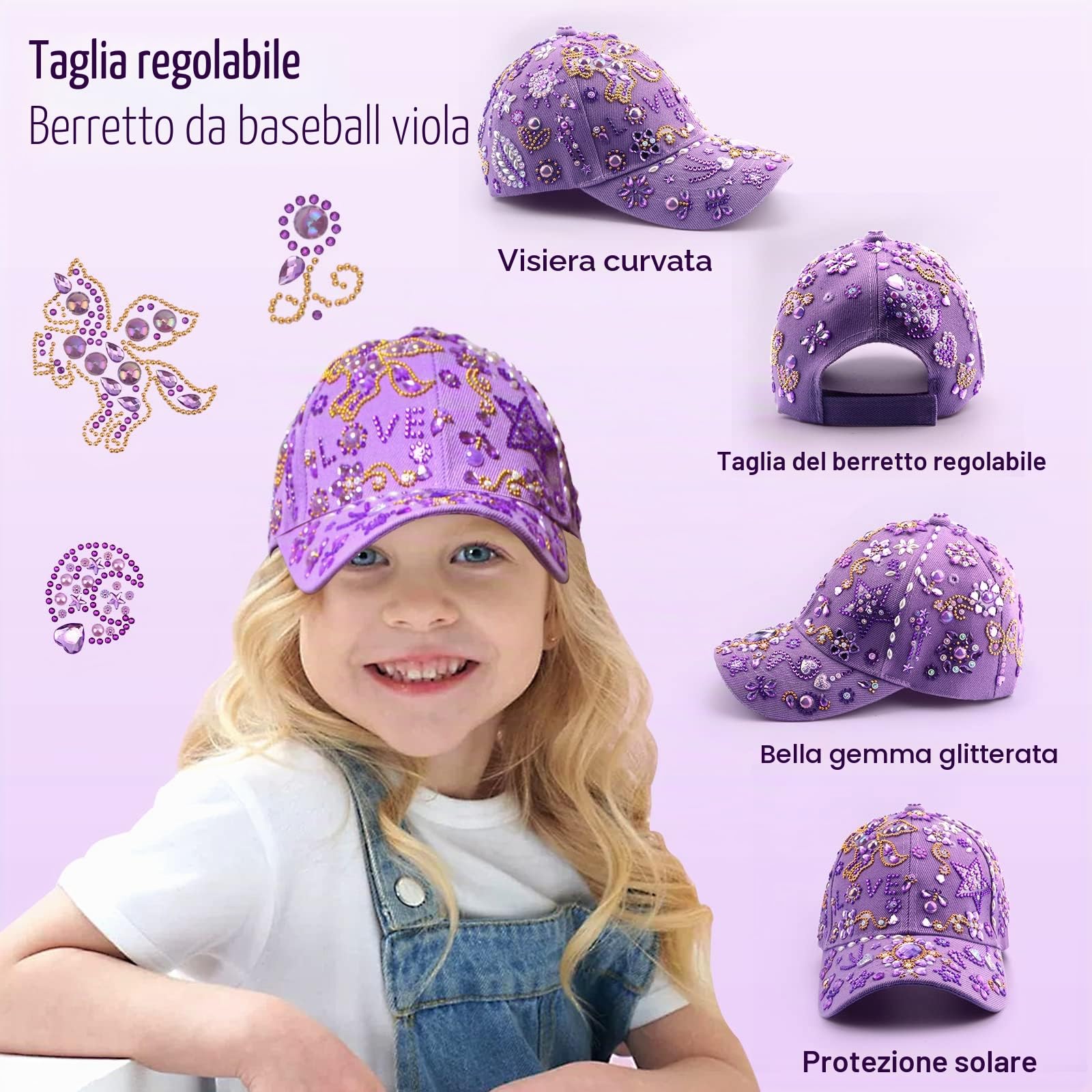 Regalo Bambina 4 5 6 7 8 9 10 11 Anni, Kit Borraccia e Berretto da Baseball Fai Da Te con Gemma e Unicorno Adesivi, Compleanno Regali per Ragazze DIY Bottiglia D'acqua e Cappellino da Baseball