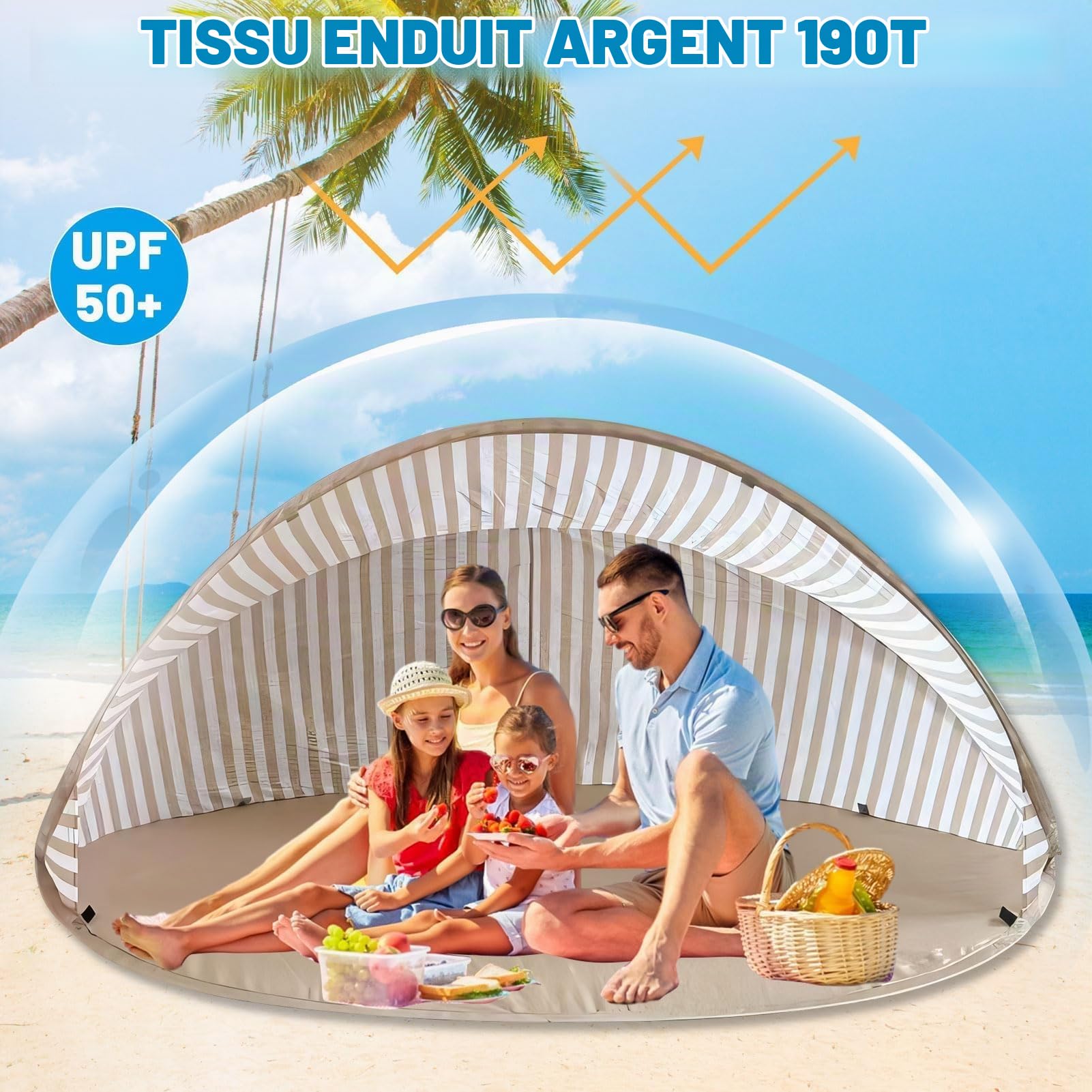 Tente de Plage Pop-Up Anti-UV UPF 50+, Parasol Pliant 180x125cm, Protection Solaire Imperméable pour Famille avec Sac de Rangement