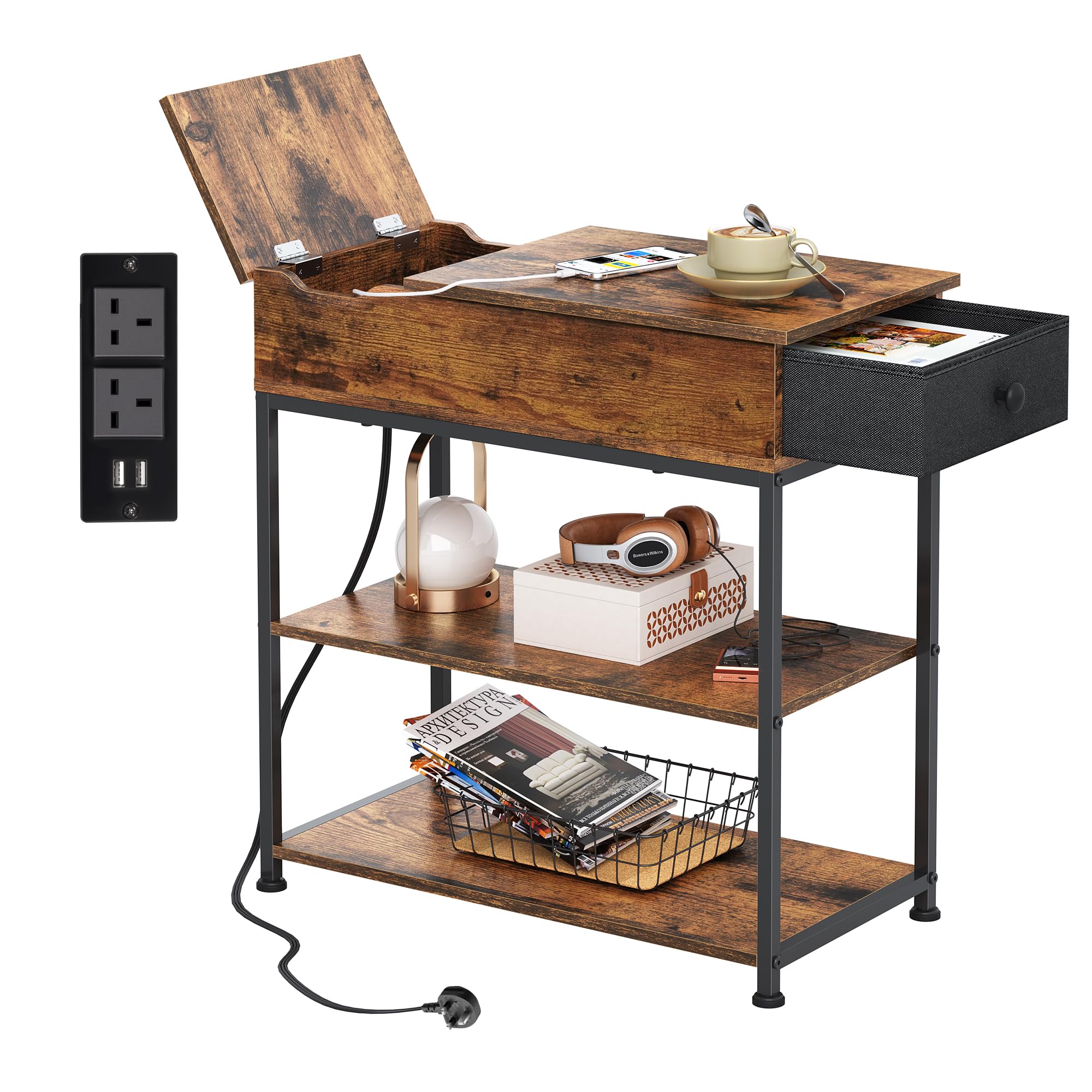 WLIVE 3-Tier Side Table with Charging Station, Fabric Drawer, Brown โ image 1