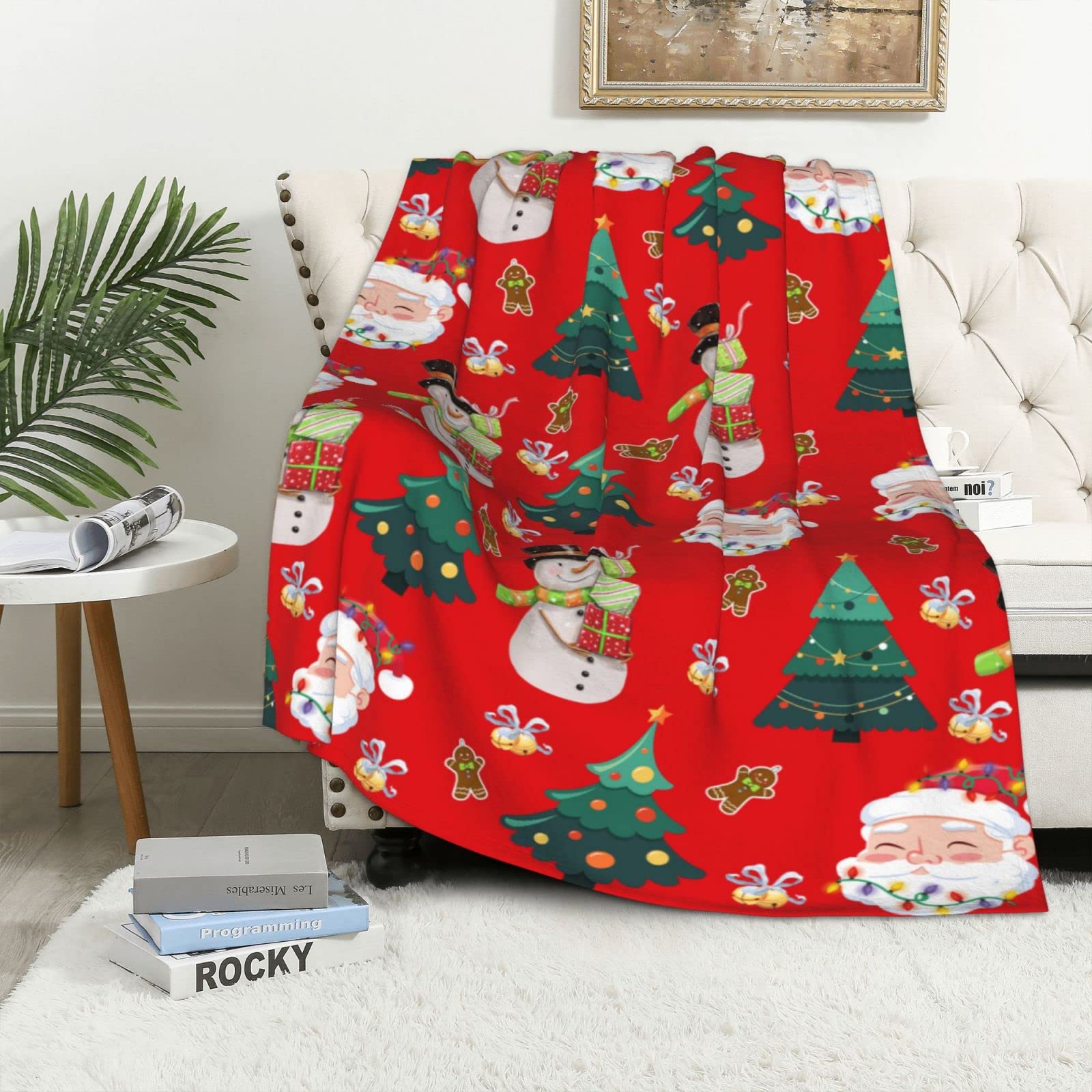 JOOCAR Cartoon Christmas Blanket Cute Christmas Tree Print Funny Santa Claus Snowman Fannel Blanket Soft Plush Warm Throw Blanket for Bed Couch Living Room Sofa Chair(Red - Image 3