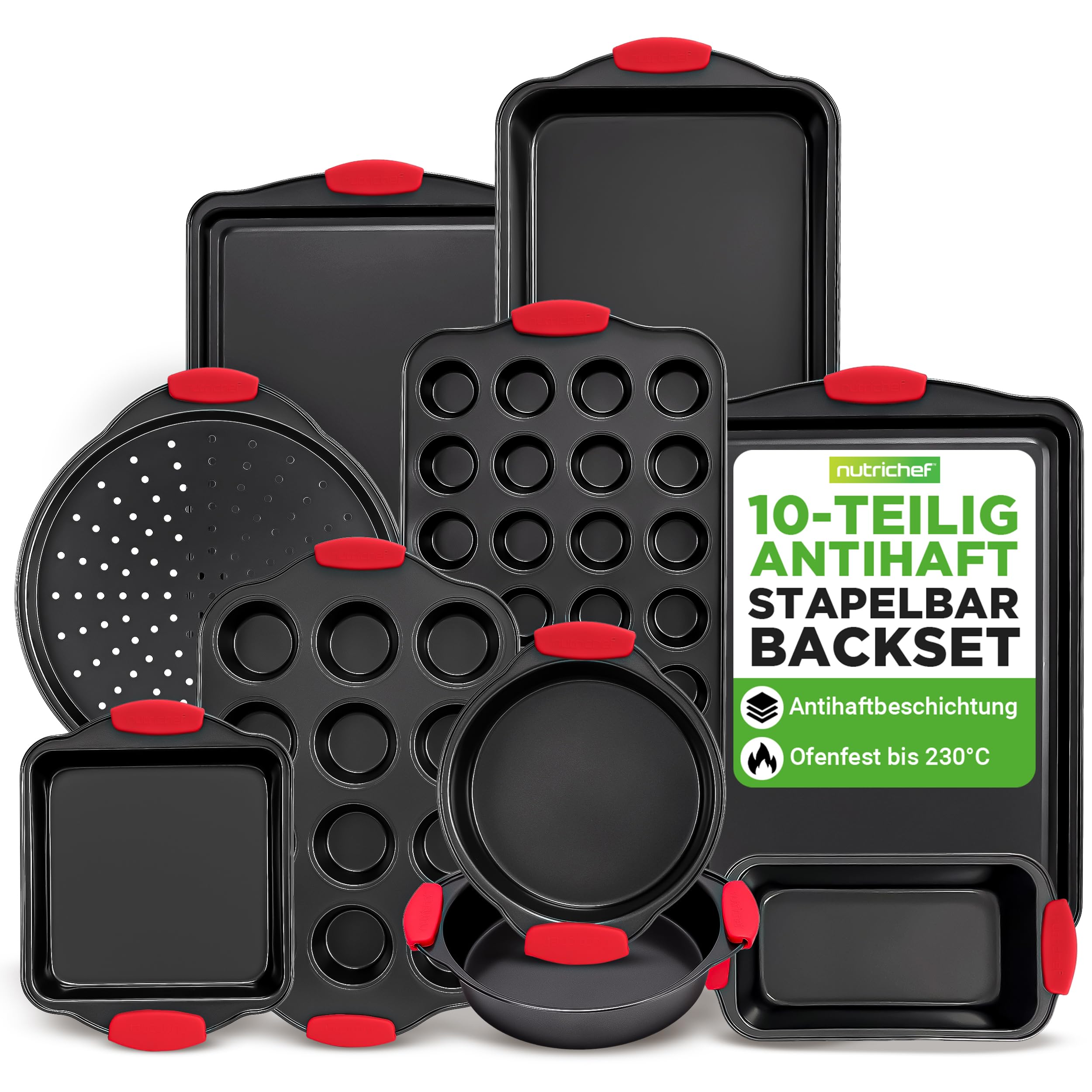 NutriChef 10-teiliges Backset aus Karbonstahl – Muffinform, Backblech, Brotbackform und rundes Pizzablech