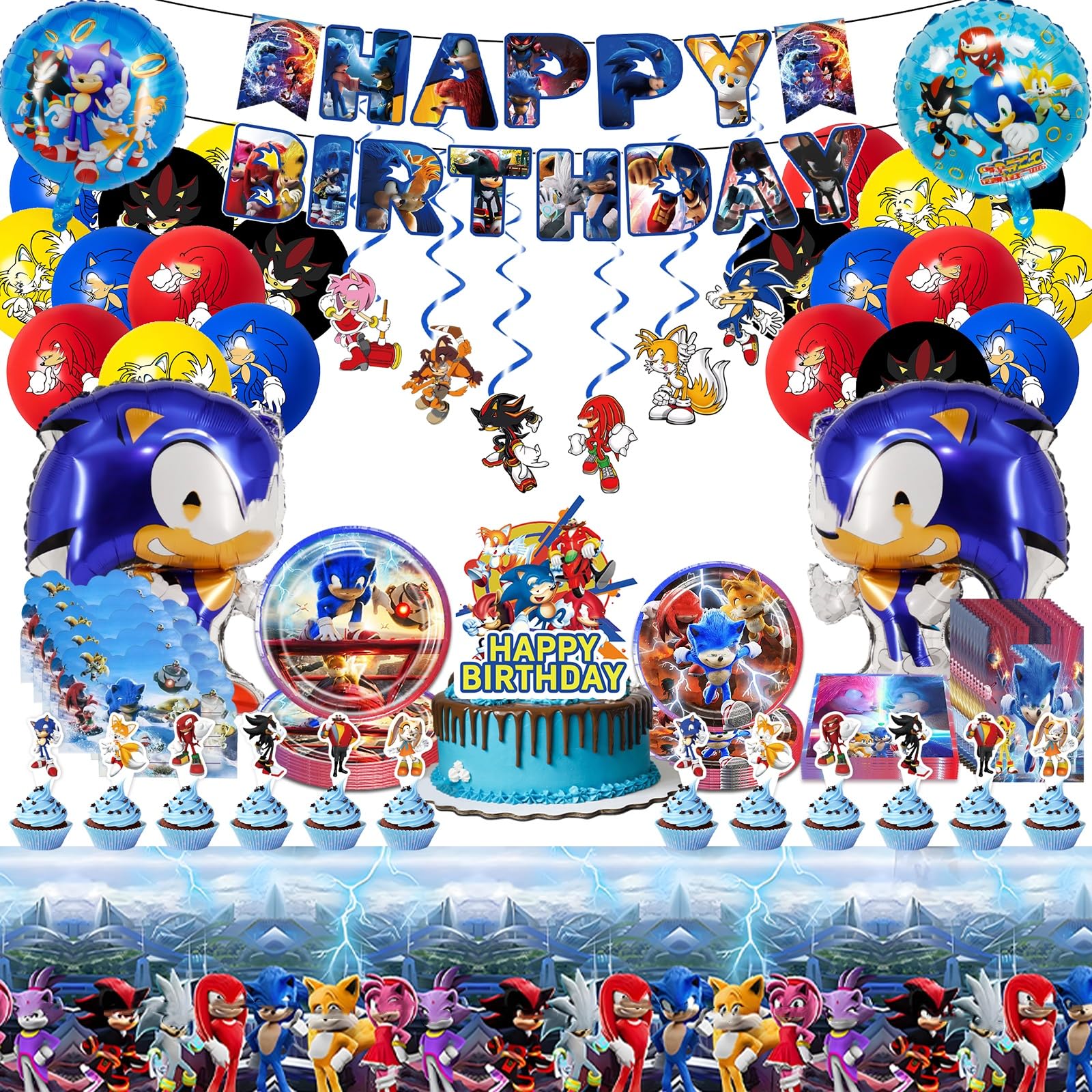 117PCS Birthday Party Decorations,Cartoon Birthday Tableware Supplies, Cartoon Party Invitations Sweet Bags Banner Foil Balloons Cake Topper Hanging Swirls Tablecloth Paper Plates Napkins
