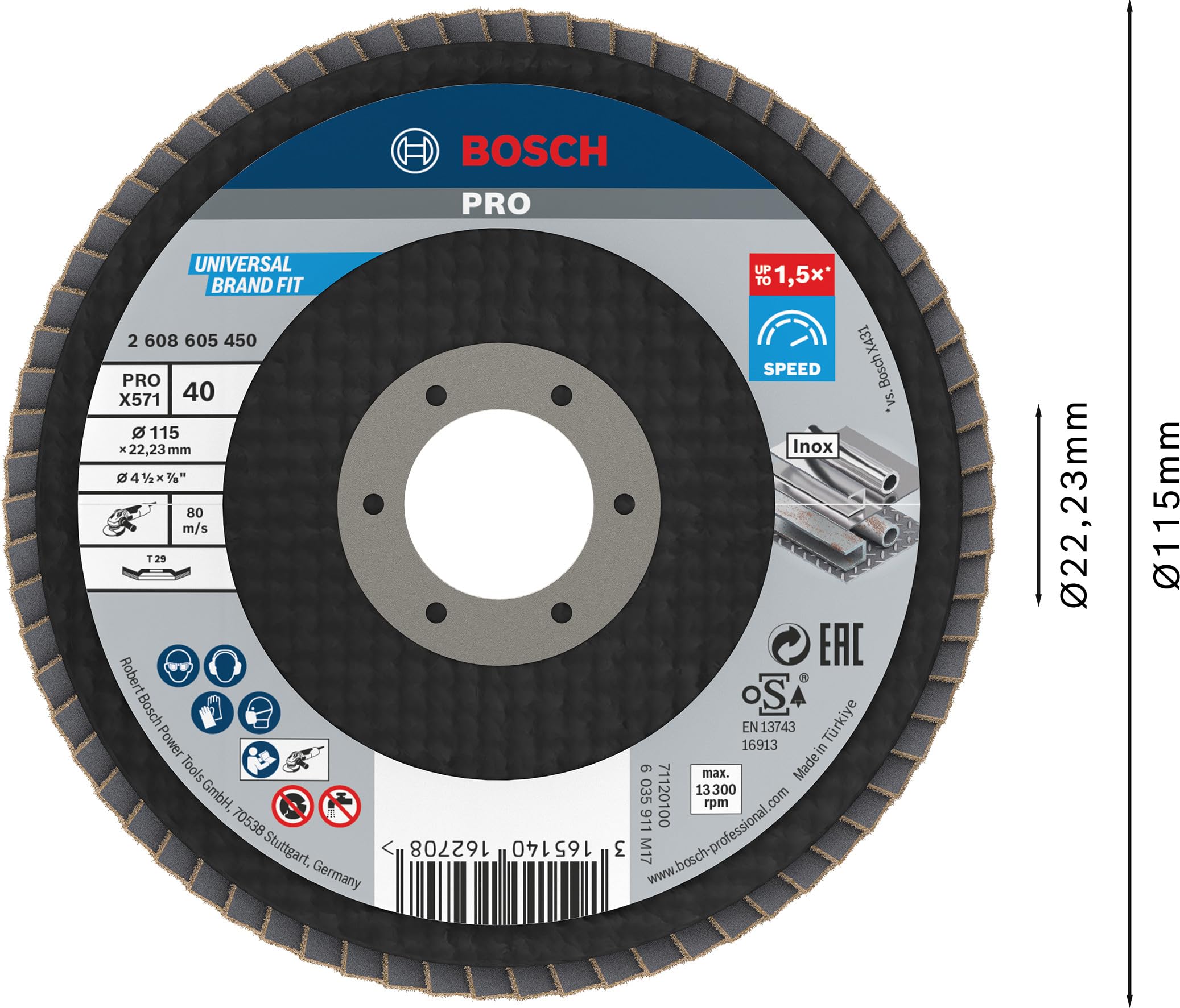 Bosch 1x Disco lamellare PRO X571 piccole, versione angolata, in fibra (per Acciaio, Acciaio inossidabile, Ø 115 mm, Grano 40, Professional Accessorio Smerigliatrice angolare piccola)