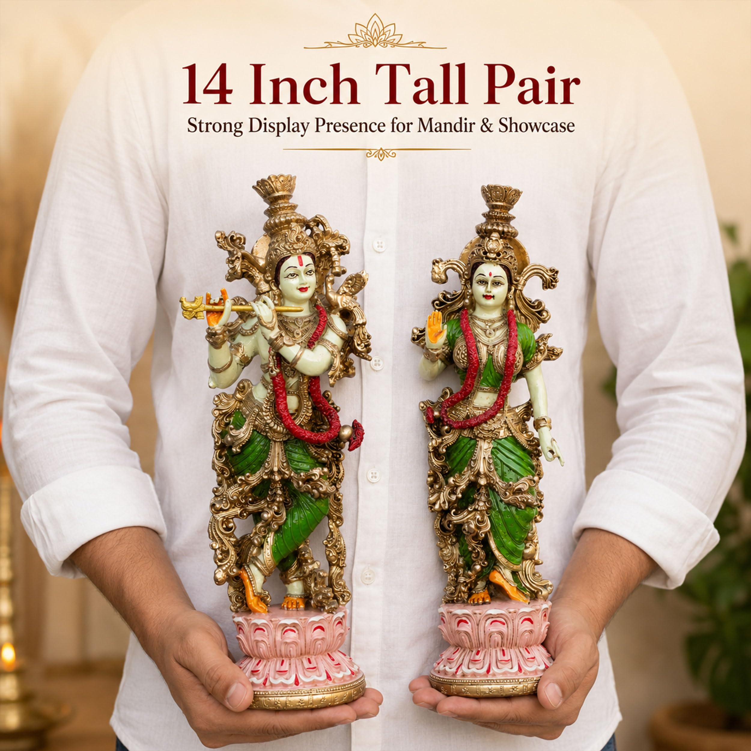 Radha Krishna Idol Pair for Home Mandir Pooja Room Decor | 14 Inch Hand Painted Lacquer Coated Statue Set | Premium Spiritual Showpiece for Living Room Office Temple Wedding Gift (Lotus) — photo — 3 of 8