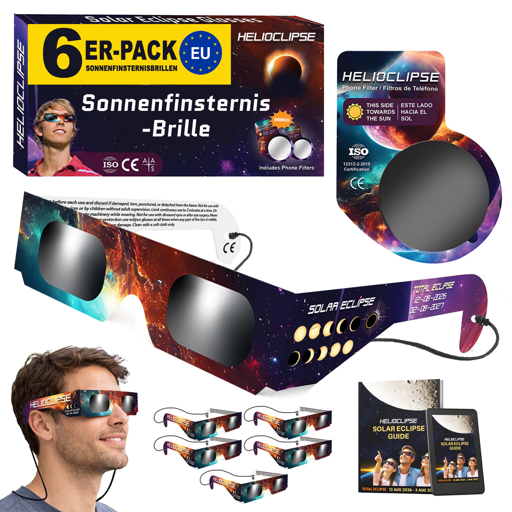 Helioclipse 6x Sonnenfinsternis Brille ISO 12312-2 Zertifiziert 2026 - Brillen Sonnenfinsternis - Schutzbrille für Sonnenfinsternis - Solar Eclipse Glasses - inkl. 1x Smartphone-Filter