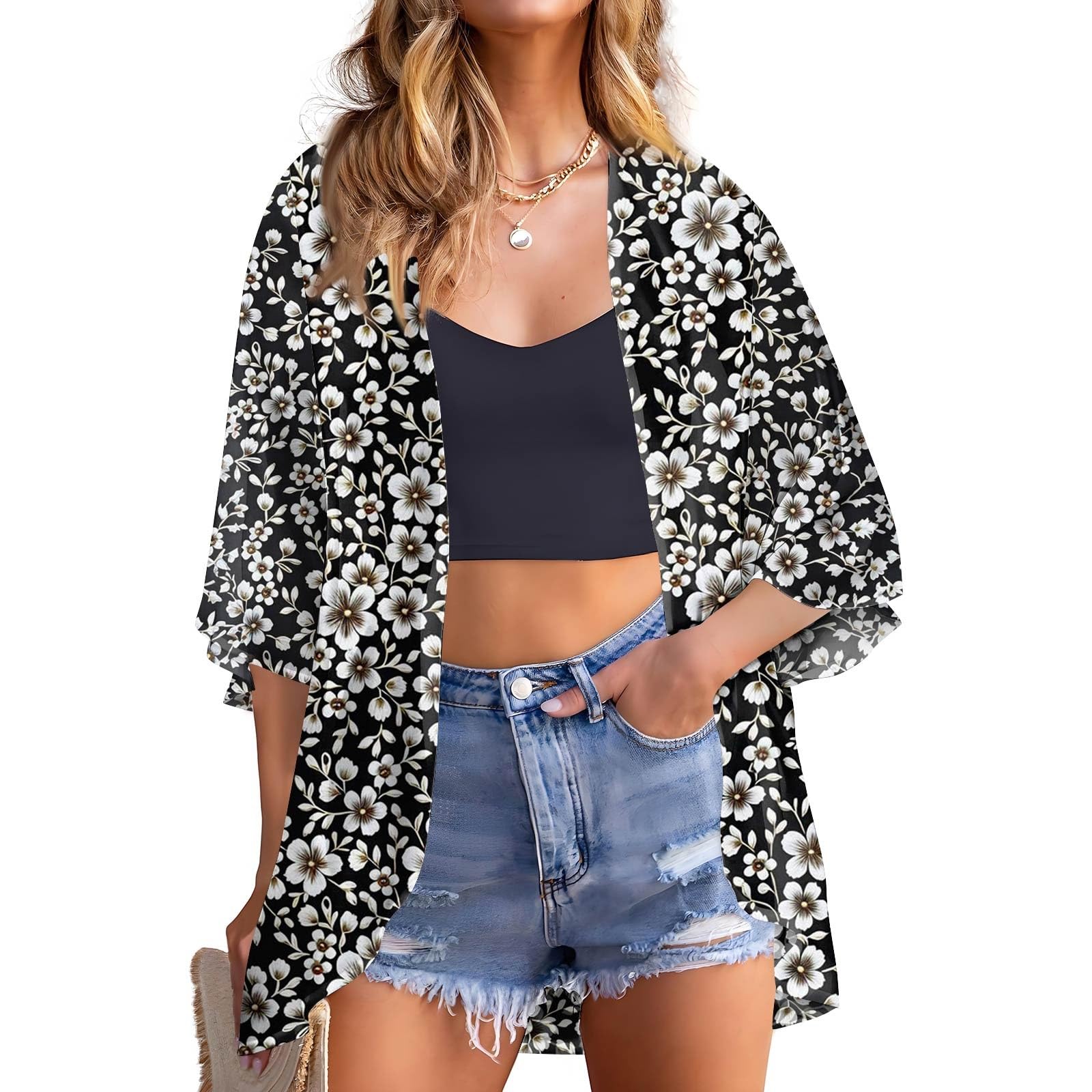 Cover Ups for Women Kimono Summer Swimsuit Chiffon Cardigan Beach Solid 3 4 Sleeve Open-Front Cover Up Fashion