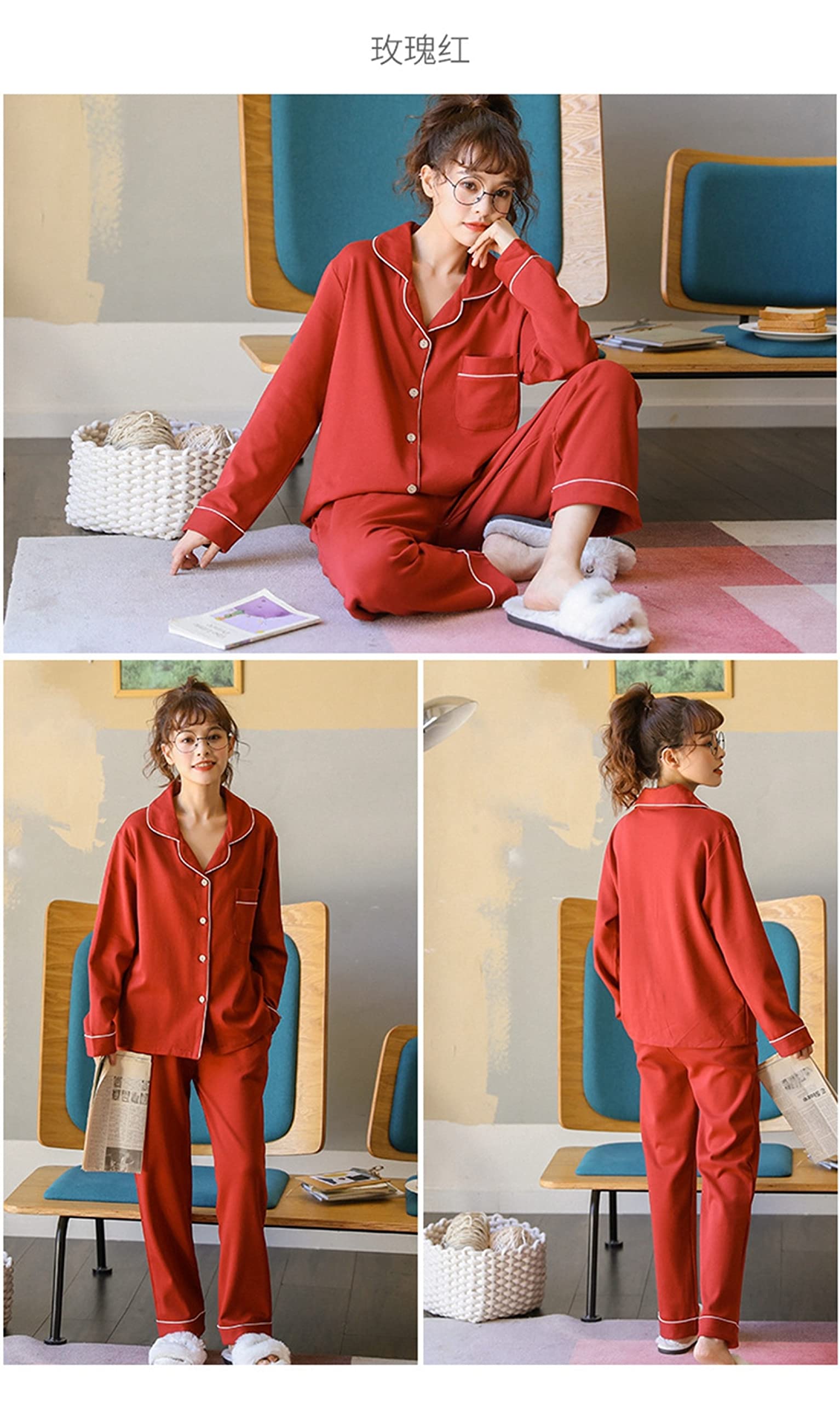 Pijamas de Franela para Invierno y otoño para Mujer y Hombre, Conjuntos de Pijama de 2 Piezas para Mujer, de algodón de Moda, de Manga Larga con Solapa, Sencillos, en Rosa y Rojo,