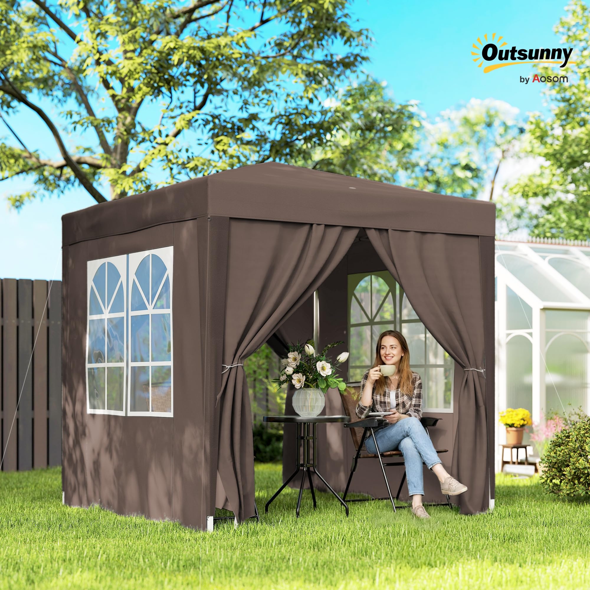 Outsunny Carpa Plegable Pop-up Gazebo 2x2 m Cenador Plegable con 4 Paredes Laterales Anti-UV y Bolsa de Transporte para Camping Fiestas Marrón
