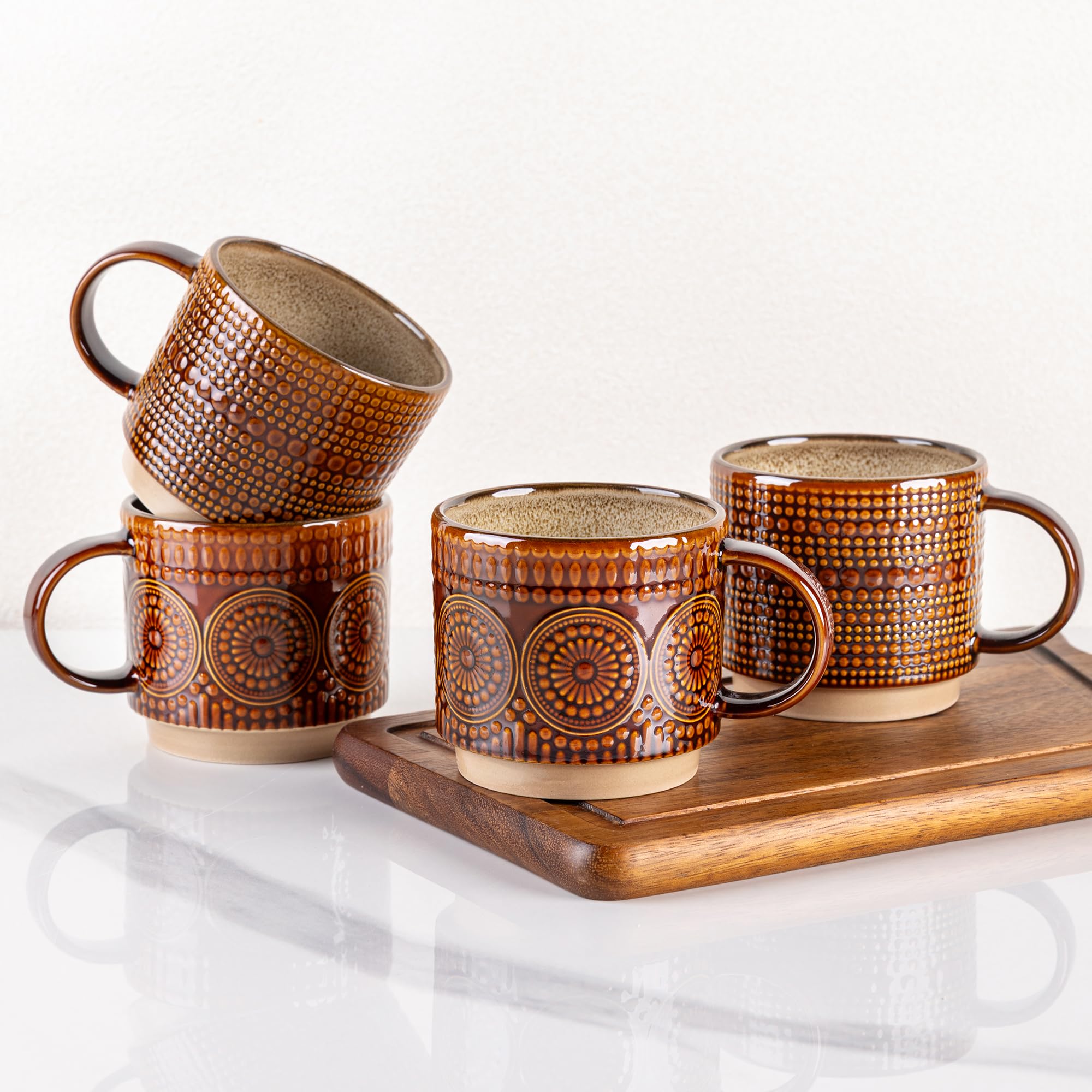 GBhome Set of 4 Stackable Ceramic Coffee Mugs 350ml - Textured Modern Cups for Tea/Latte/Cappuccino, Dishwasher & Microwave Safe, Gift for Men/Women — image 1