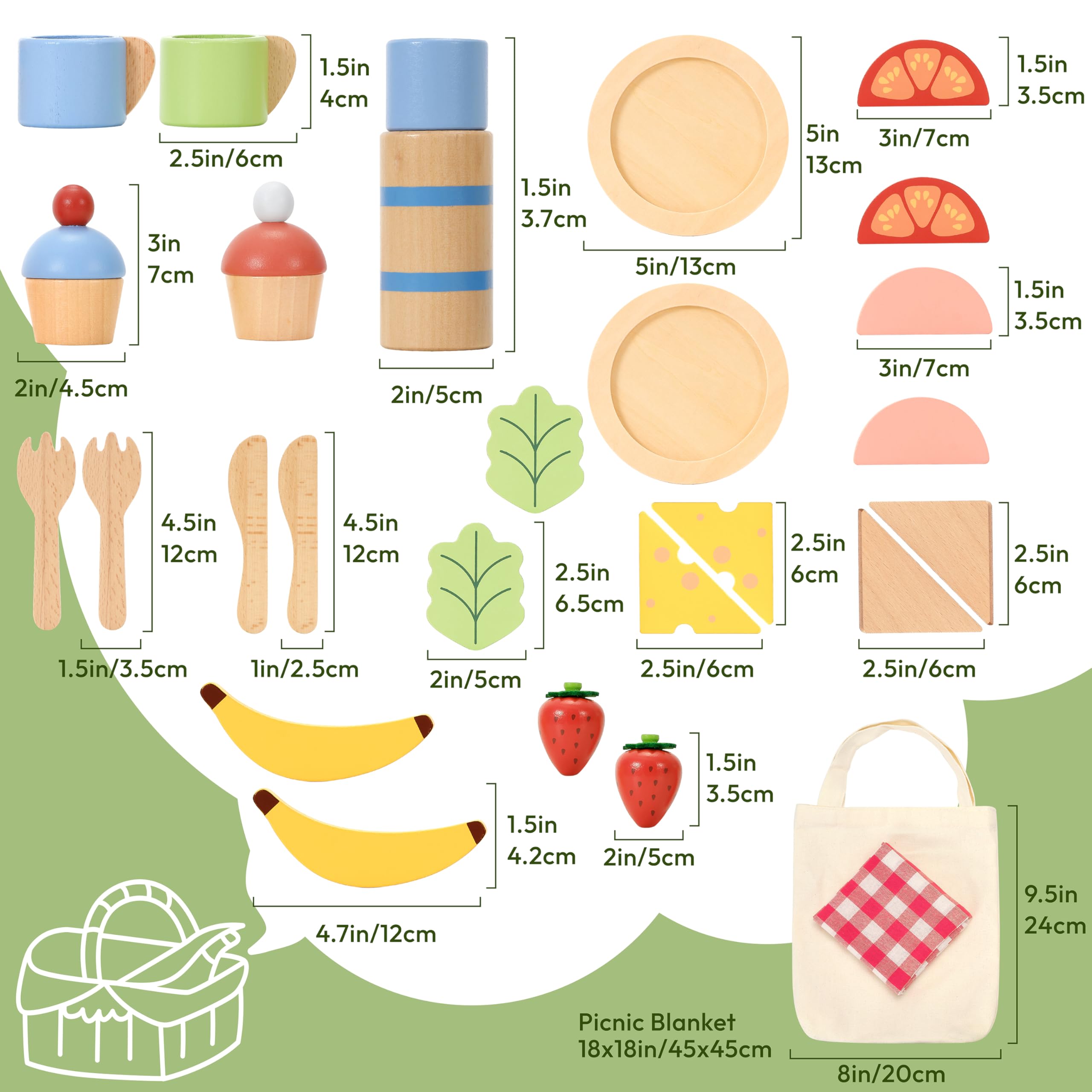 Juego de picnic de madera para niños, 30 piezas de juguete de comida con termos, sándwiches, frutas, utensilios, bolsa de transporte de lona y manta, accesorios de cocina de juego de 5