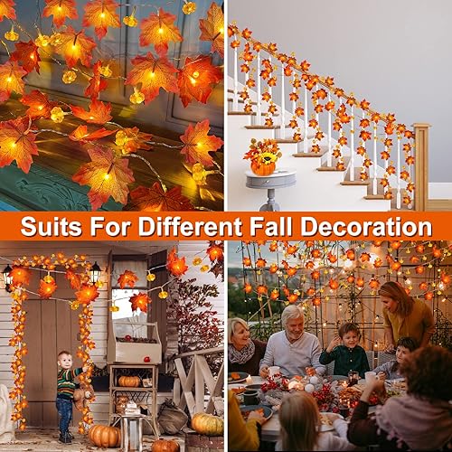 Miniatura 6 de Paquete de 2 y temporizador guirnalda de otoño con luces de calabaza, decoración de otoño para el hogar, 60 LED de 20 pies, hojas de arce ampliadas,
