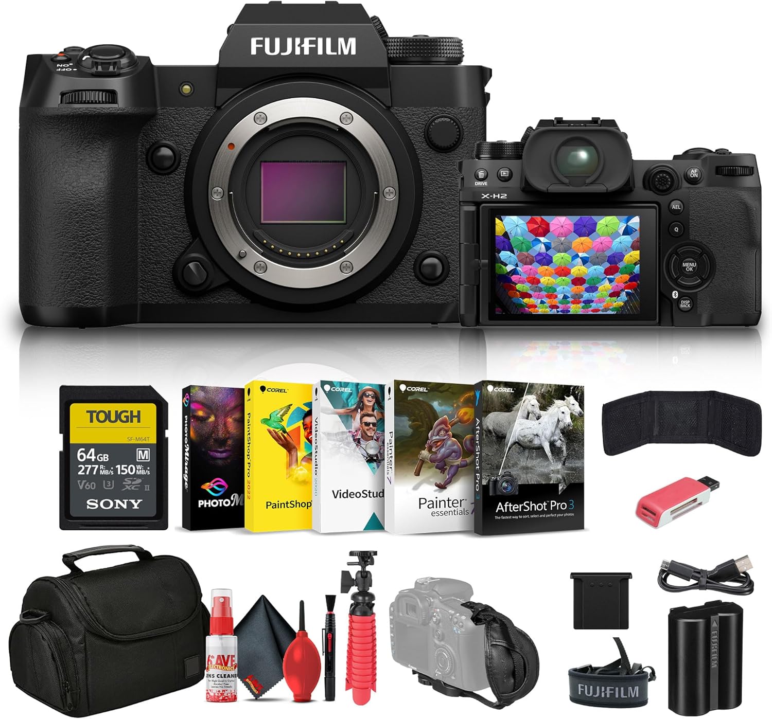 FUJIFILM X-H2 Mirrorless Camera (16757045) + 64GB Memory Card + Bag + Card Reader + Corel Photo Software + Flex Tripod + Memory Wallet + Cleaning Kit + Hand Strap