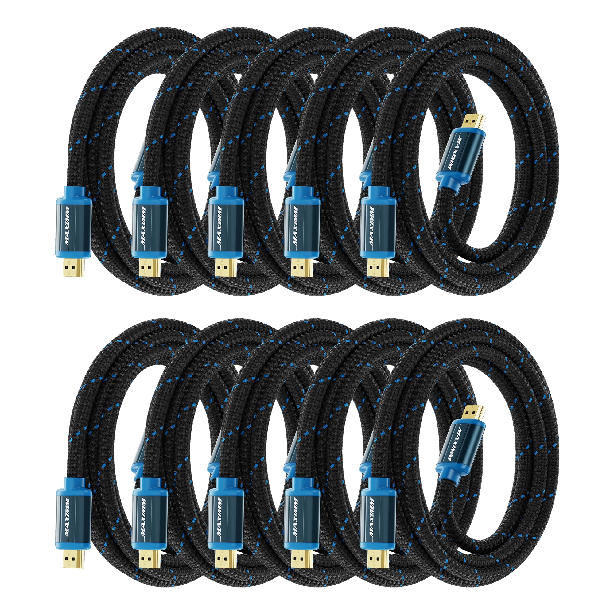 Maximm HDMI Cable 4K Ultra HD 8 Foot (10 Pack) Nylon Braided HDMI 2.0 Cable, High Speed 18Gbps 4K60Hz HDR, 3D, 2160p, 1080p, HDCP 2.2, ARC, HDMI