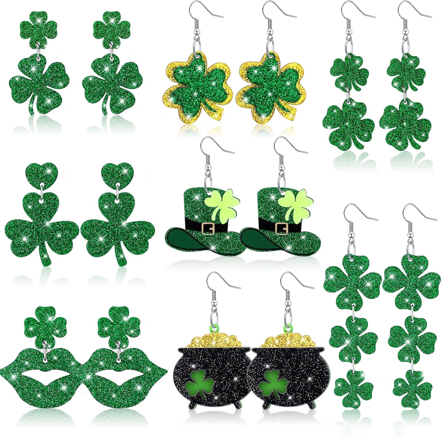 8 Pairs St. Patrick's Day Earrings for Women Acrylic Stud Irish Shamrock Dangle Earrings Green Hat Gold Pot Four Leaf Clover Earrings for Festival St Patty's Jewelry