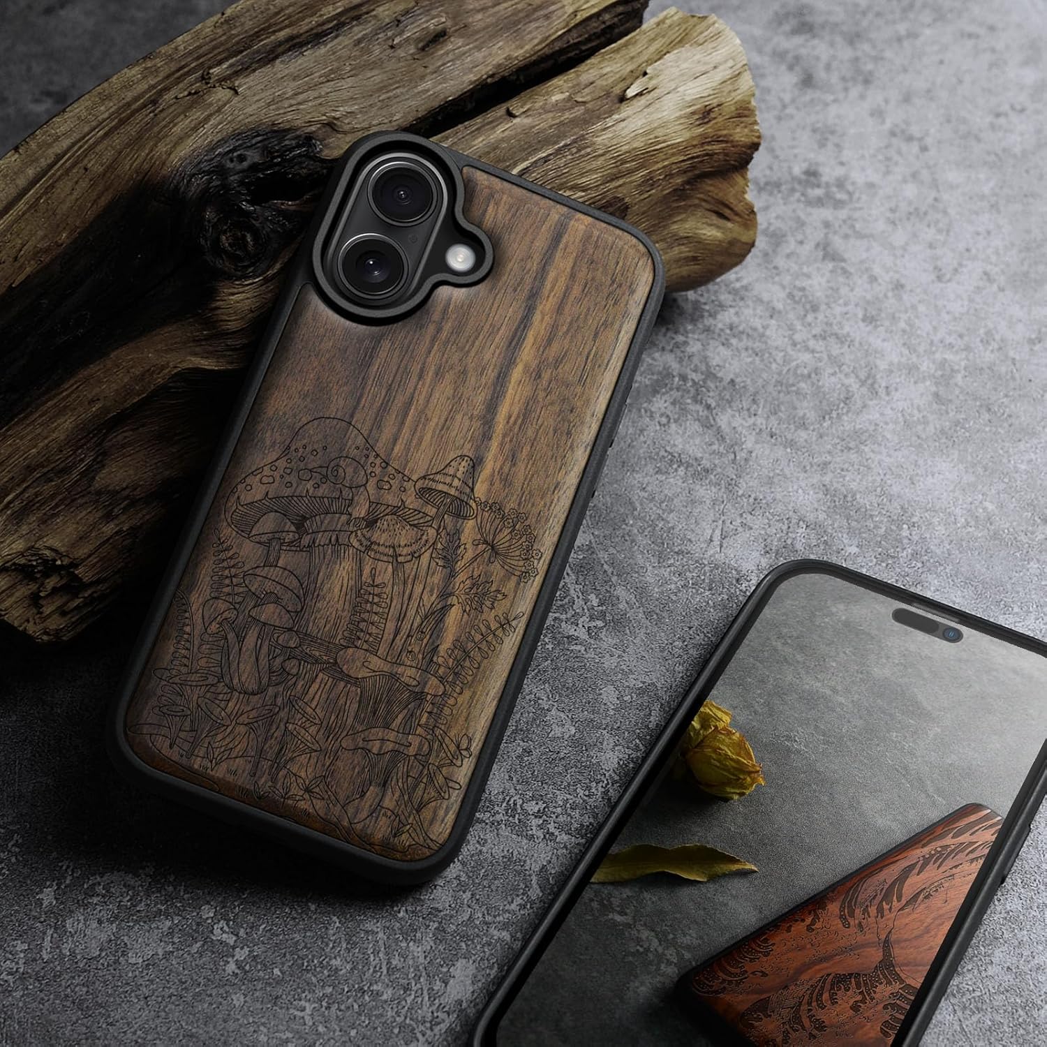 Carveit Magnetic Wooden Case for iPhone 17 Case, Wood Artisan Engraved & Black Soft TPU Shockproof Cover, Compatible with MagSafe Wireless Chargers (Vintage Mushrooms) Walnut