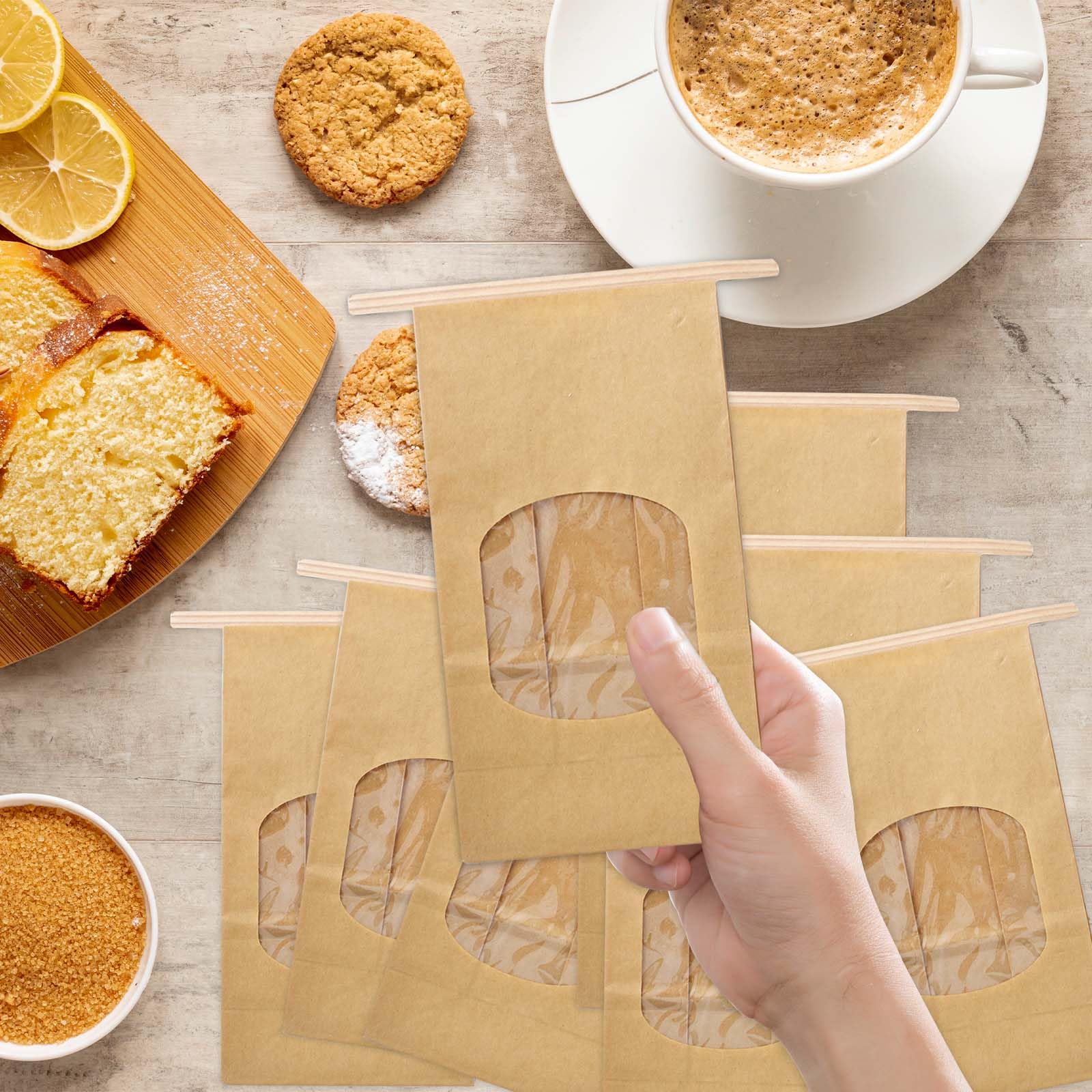 20 Pezzi Sacchetti Carta per Alimenti, Buste Kraft con Finestra e Chiusura, Sacchetti per Prodotti da Forno, Riutilizzabili per Biscotti, Torte, Panini, Snack ( Marrone