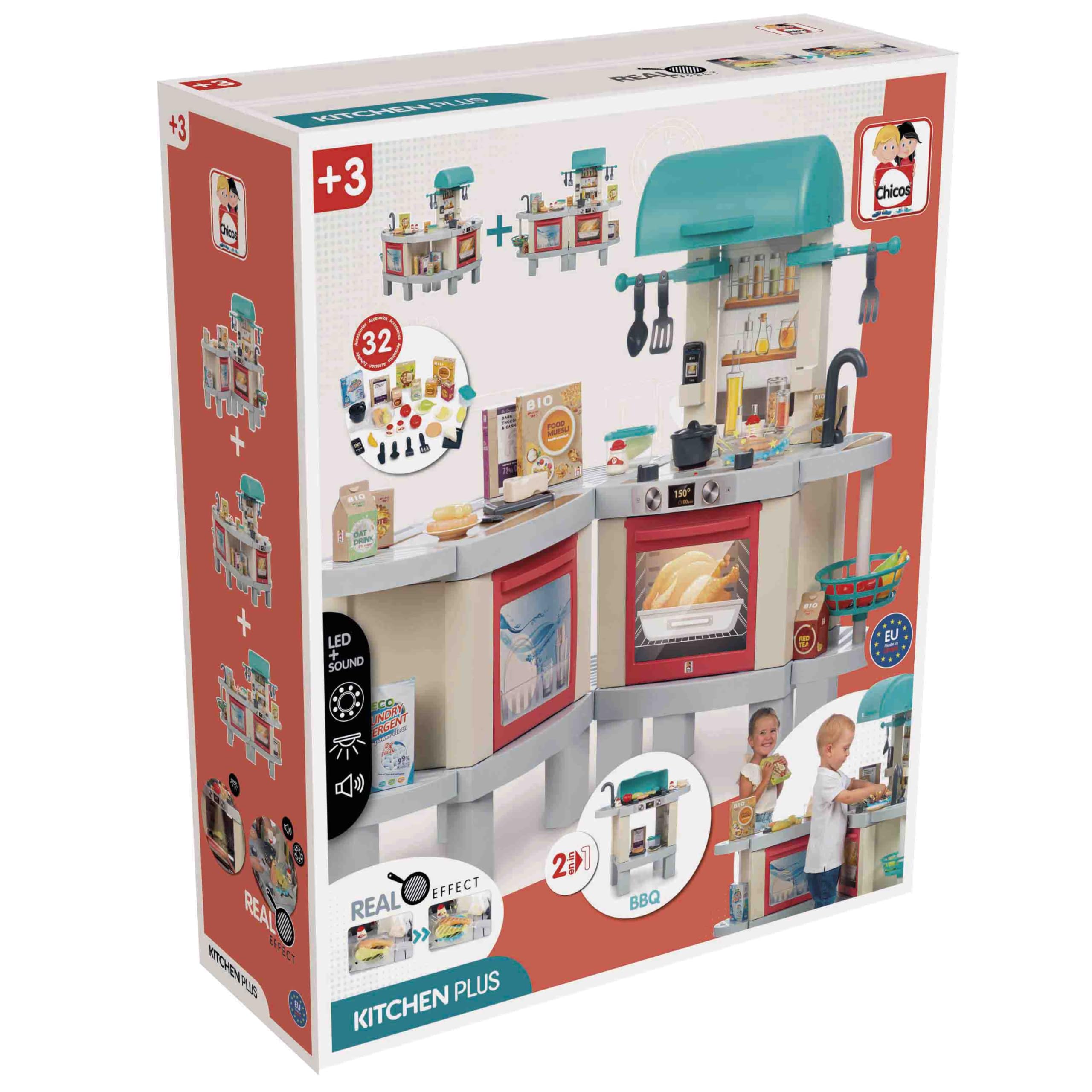 Chicos - Cocina Juguete Kitchen Plus | Cocinita Infantil 2en1| Luces, Sonido y Efecto Real | Transformable en Barbacoa | 31 Accesorios | Niños 3 4 5 años (85114)