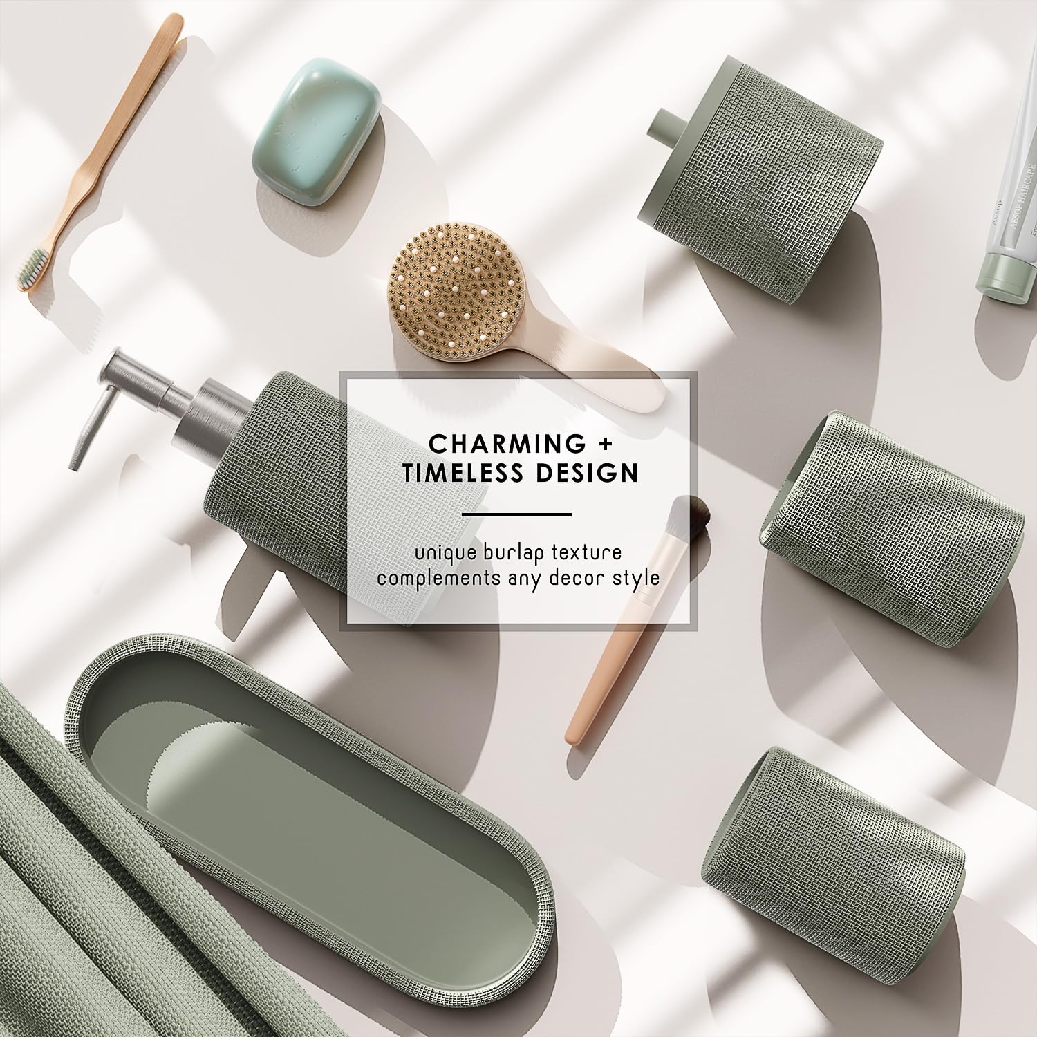 Clara Clark Juego de Accesorios de baño Verde Salvia, Juego de Accesorios de baño de 5 Piezas, Juegos de baño con dispensador de jabón, Soporte para Cepillo de Dientes, Vaso, Tarro de hisopo de