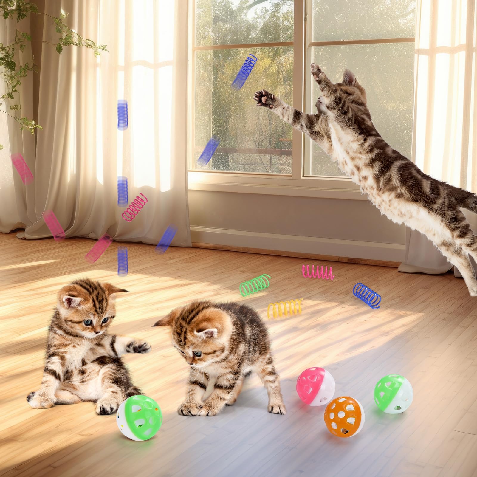 MUAEEOK Piscina de bolas para gatos con 106 bolas de juguete para gatos y 4 juguetes de resorte para gatos, juguetes interactivos para gatos aburridos de interior, juguete de enriquecimiento para
