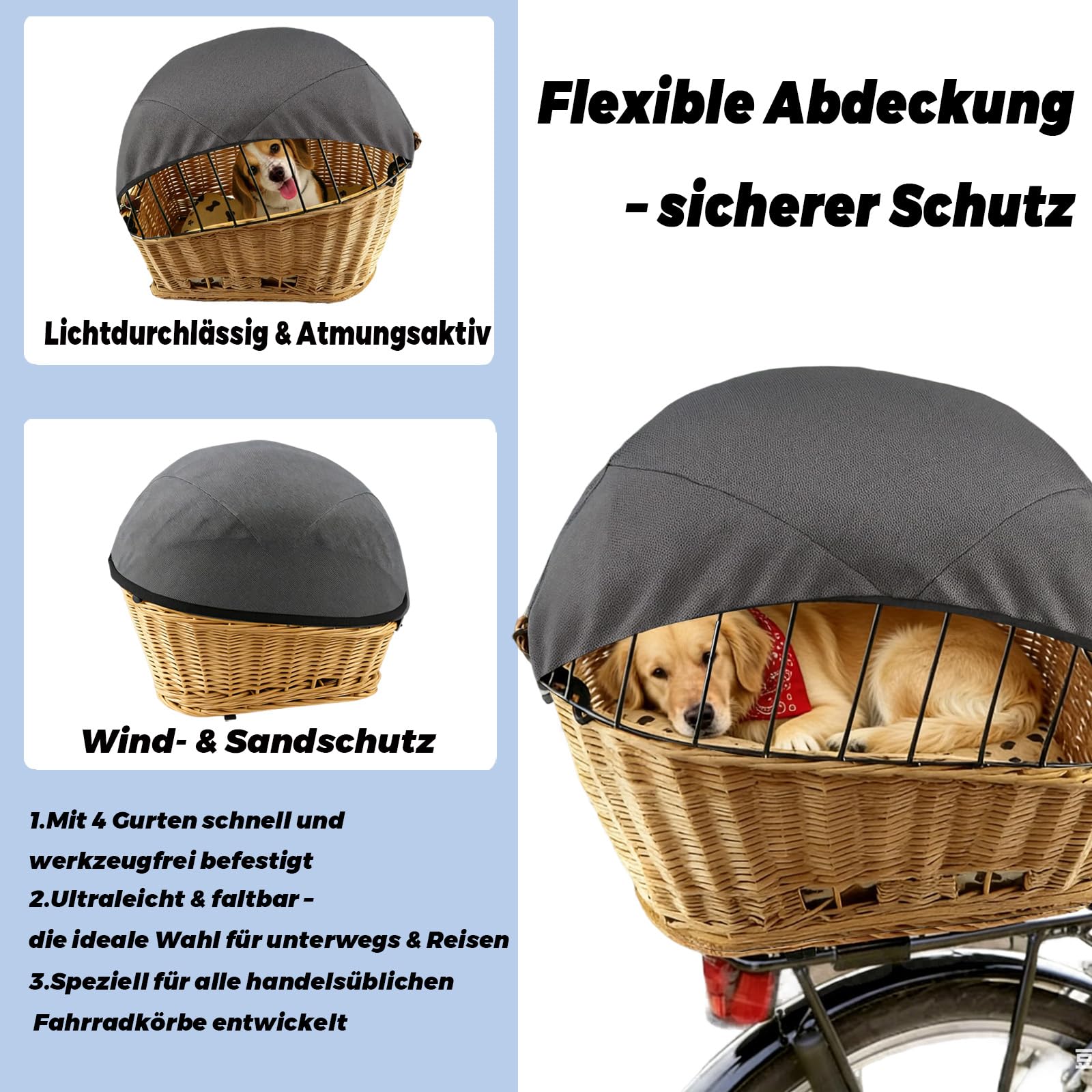 Tenda da sole per cani e cestino per biciclette, grande rete di protezione regolabile per cani, traspirante, antivento e antipolvere, sicura e stabile, utilizzabile tutto l'anno