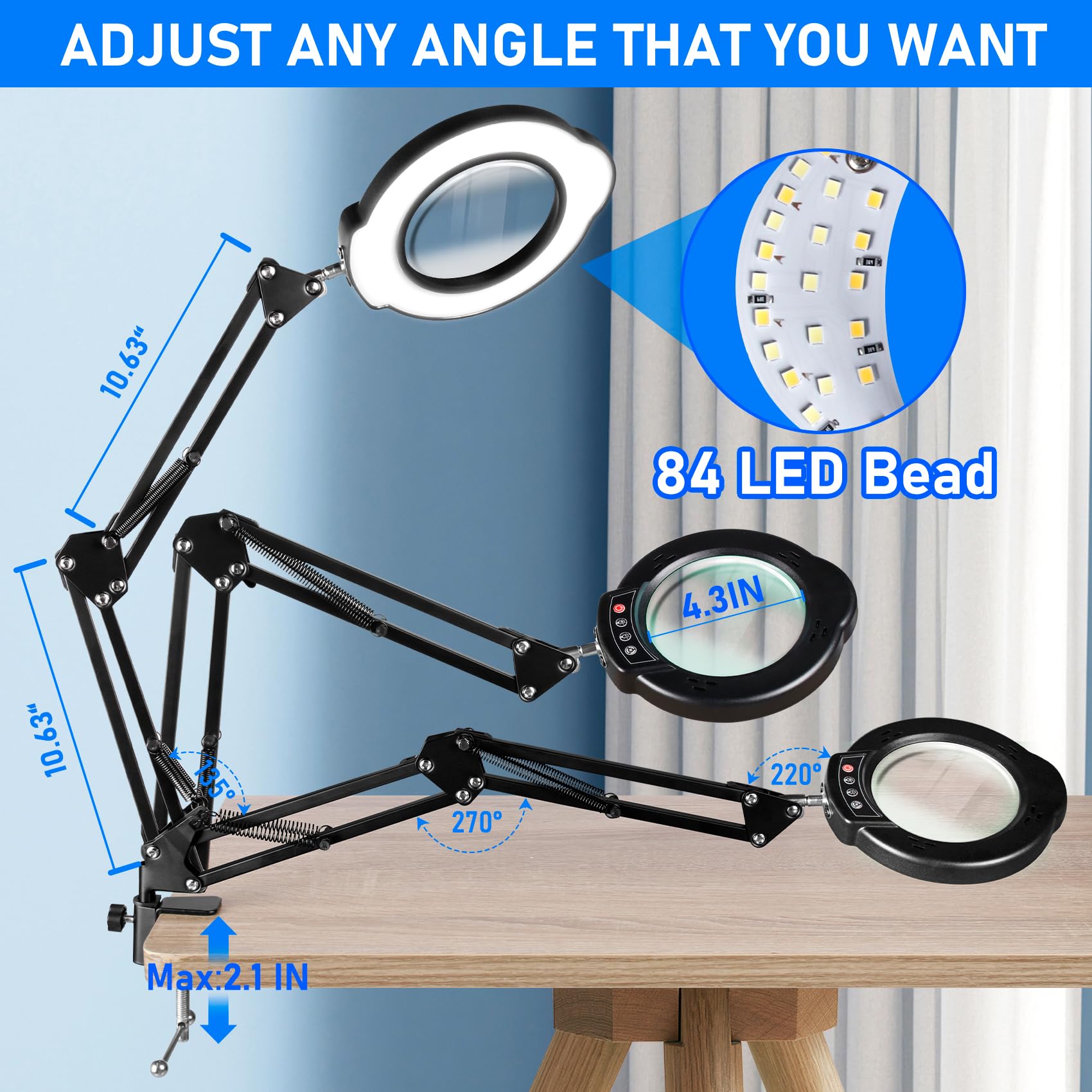 10X Magnifying Glass with Light and Stand LED Desk Lamp with Base and Clamp 5 Color Mode 10 — view 2