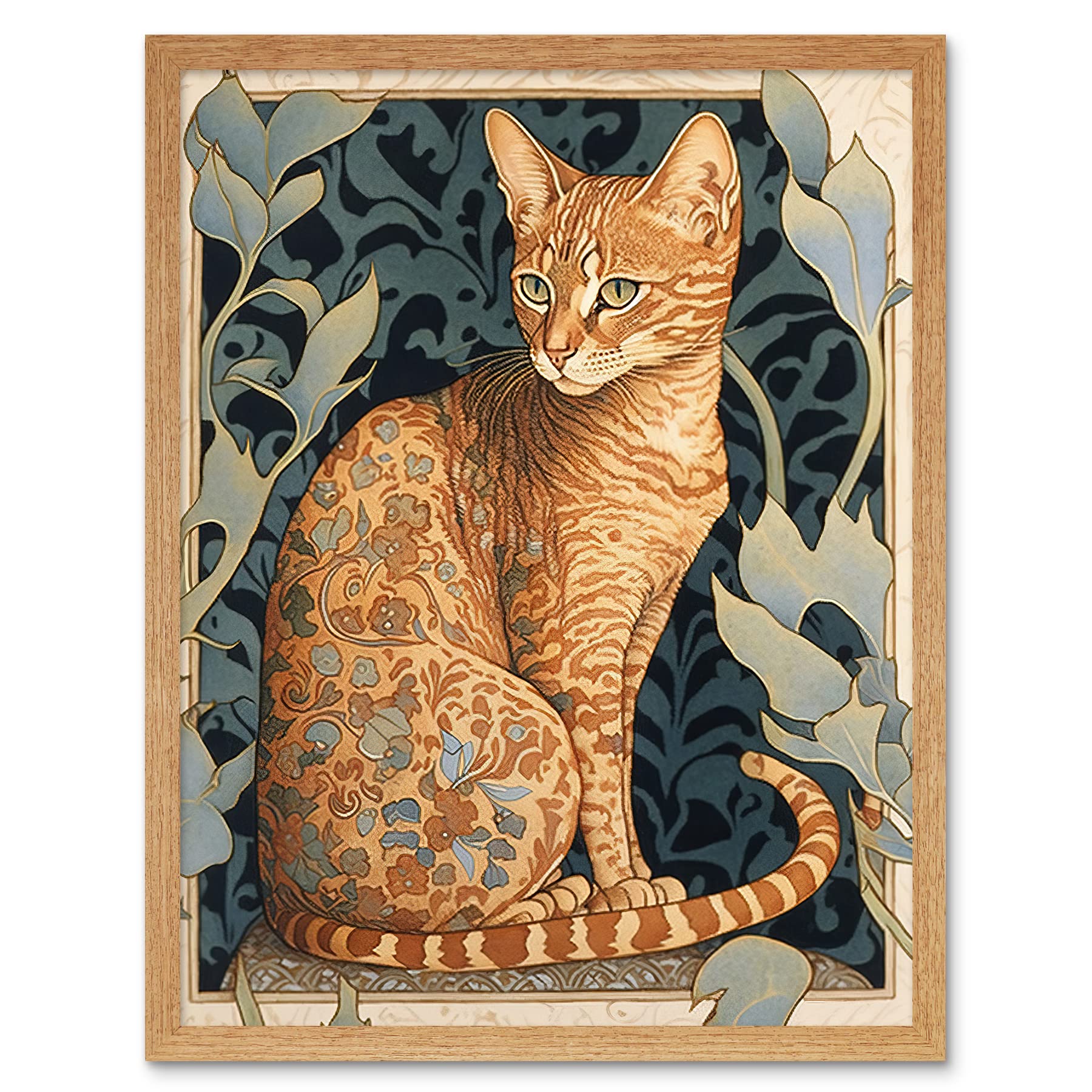 Artery8 Ocicat Cat with Flower Pattern Fur Coat Art Nouveau Watercolour Illustration Art Print Framed Poster Wall Decor 12x16 inch