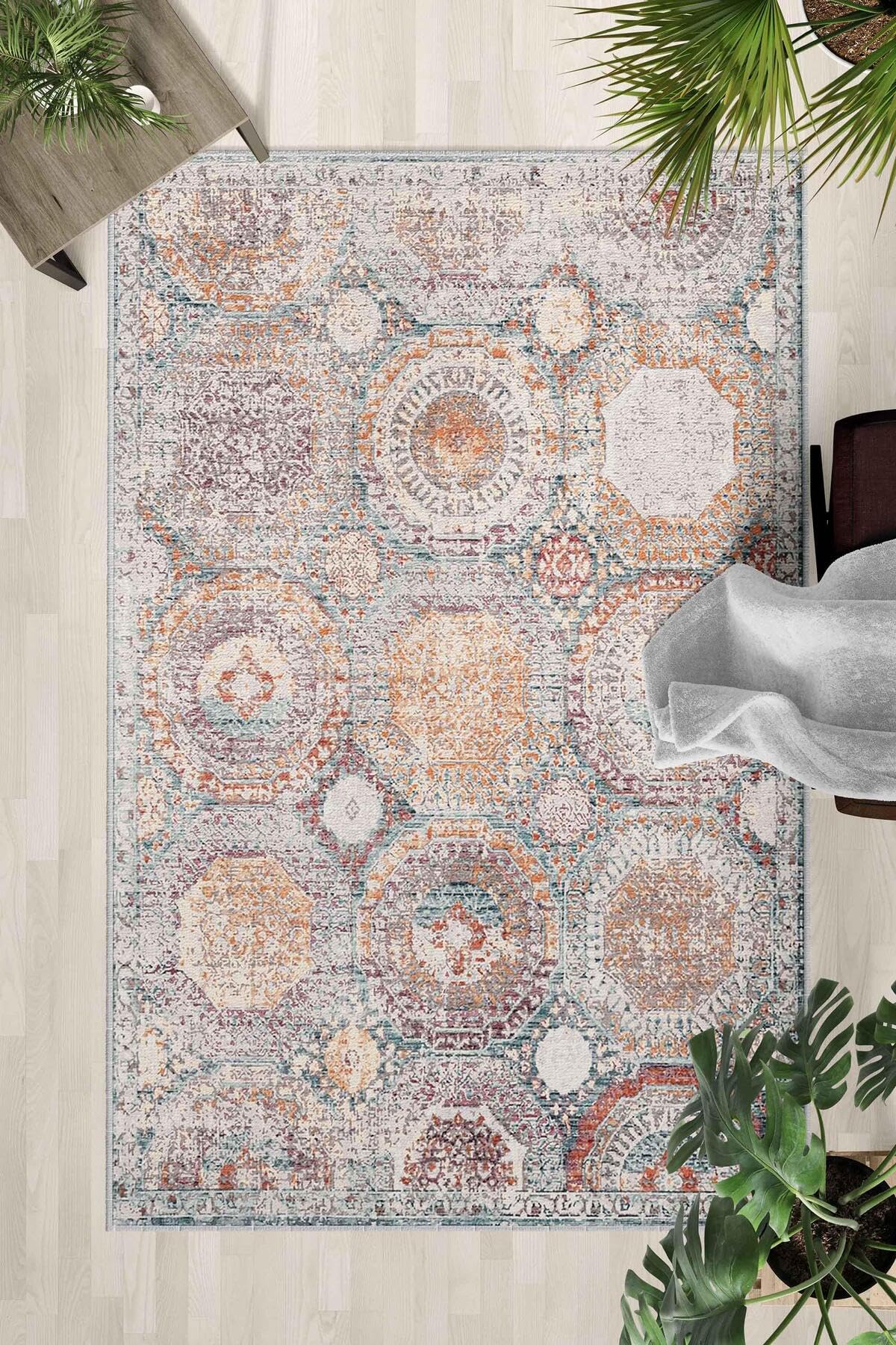 Monnhein Çok Renkli Halı 0128-2 - Yıkanabilir, Kaymaz Taban, Dijital Baskılı, Leke Tutmaz, İnce Hav, Modern Salon, Oturma Odası, Yatak Odası ve Mutfak için Dekoratif Halı