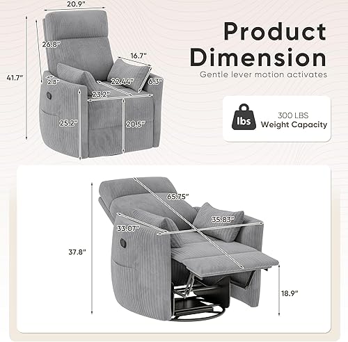 Miniatura 2 de Flamaker Silla reclinable giratoria con masaje por vibración, silla reclinable mecedora con 2 almohadas, cómodas sillas individuales con bolsillos