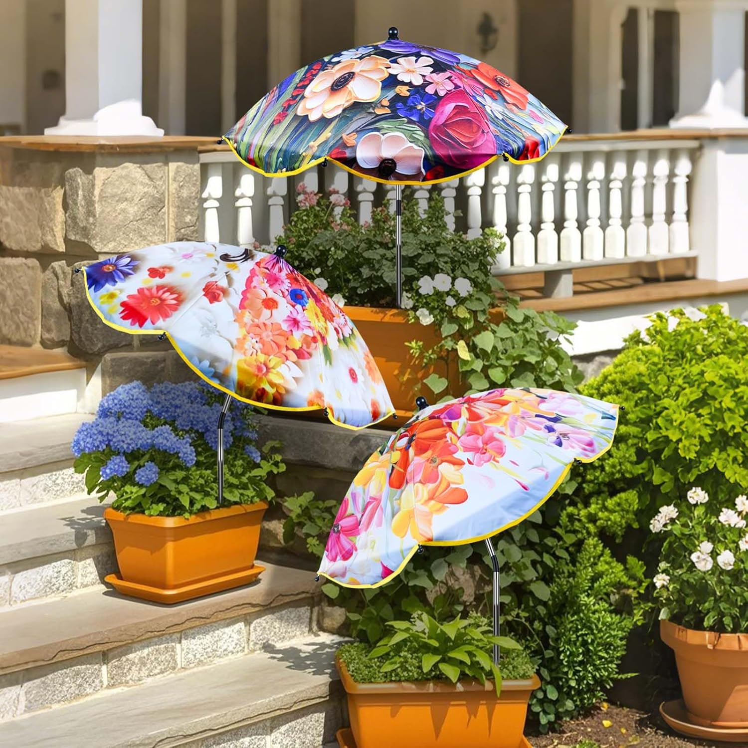 3Pack Flower Plant Umbrellas for Outdoor Plants 50inch Higher 26inch Canopy Adjustable Angles Plant Shade Umbrella Sturdy for Potted Plants Garden Bed Flower Pot (Flower/ 4th of July /Bald Eagle)