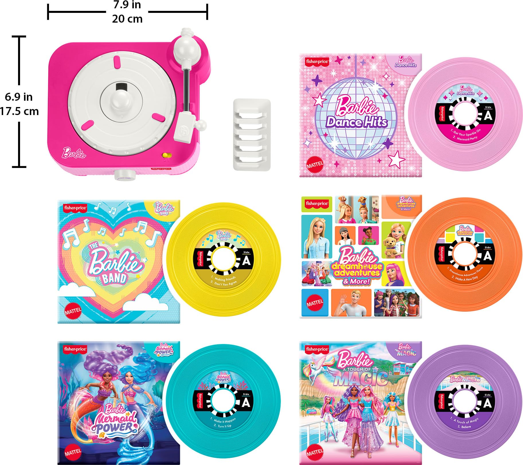Fisher-Price Jouet musical Barbie tourne-disque avec 5 disques et support de présentation pour jeu de simulation préscolaire pour enfants à partir de 3 ans
