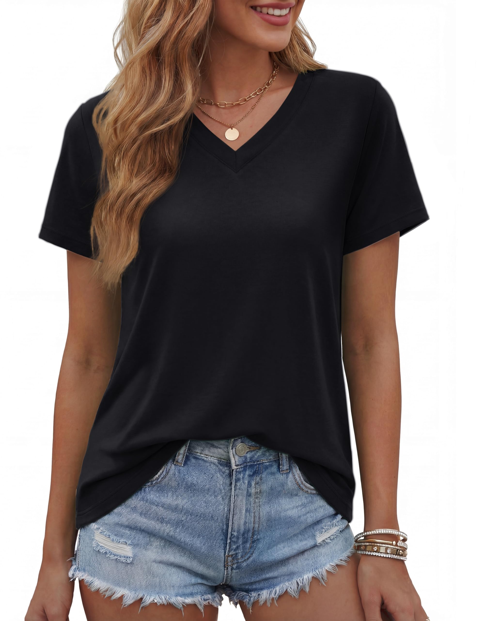 TACVASEN Damen Tshirt Kurzarm V-Ausschnitt Shirt Baumwolle Top Lässig Sommer Basic Oberteile