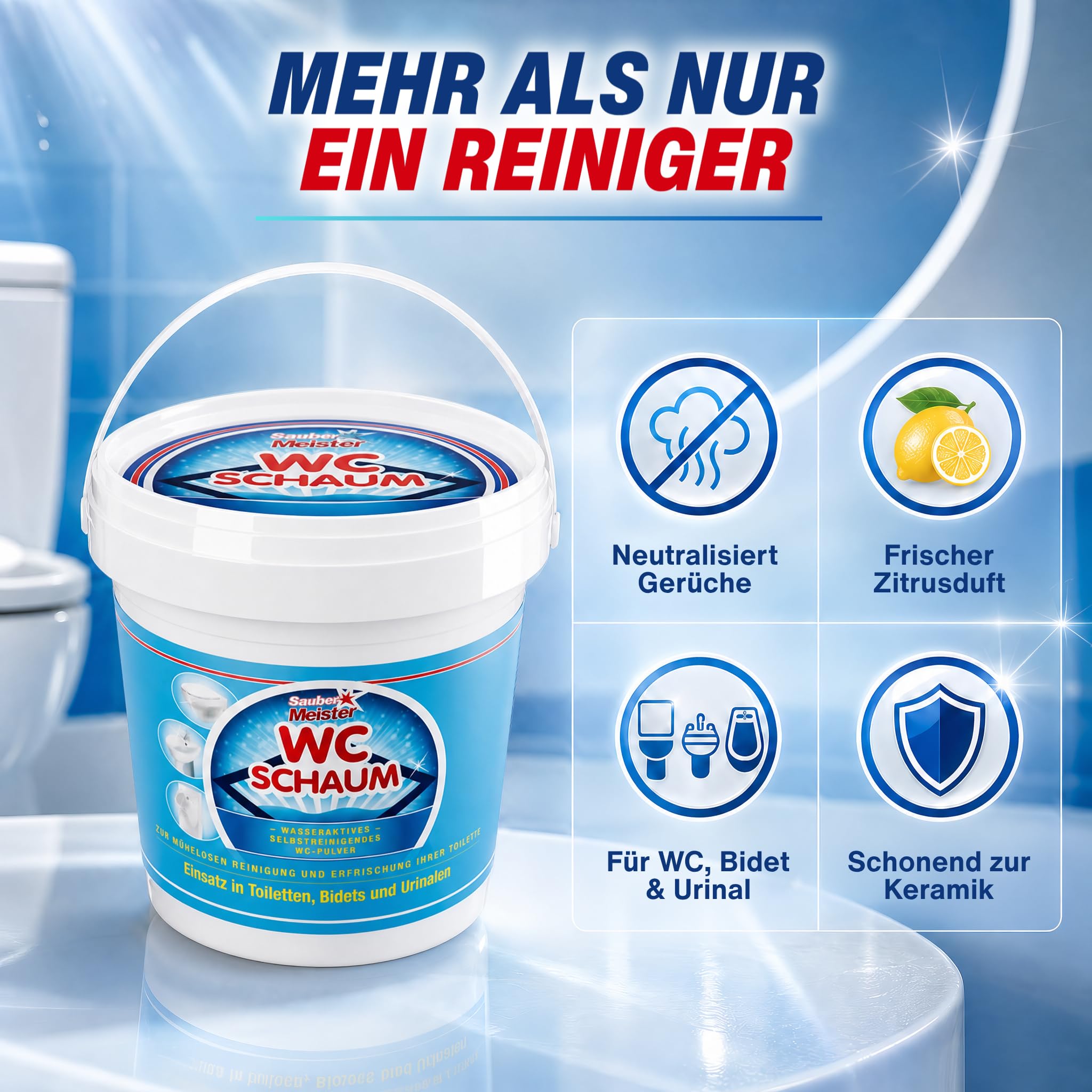WC SCHAUMREINIGER PULVER – Extra starker WC Schaum für gründliche Sauberkeit – Kraftvoller WC-Reiniger gegen Kalk & Urinstein – Selbstreinigende Pulverform – 1000 g