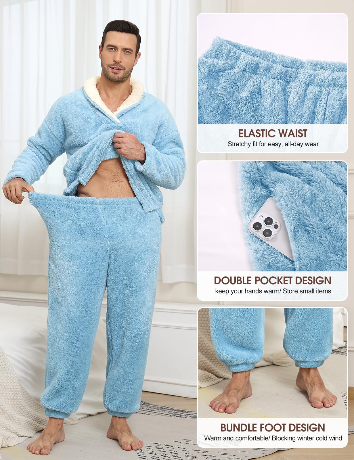 TOMEEK Schlafanzug Herren Lang Winter Schlafanzug Warm Pyjamahose Herren 2-Teiliges Pyjama Set Fleece Pyjama Loungewear Geschenk für Männer