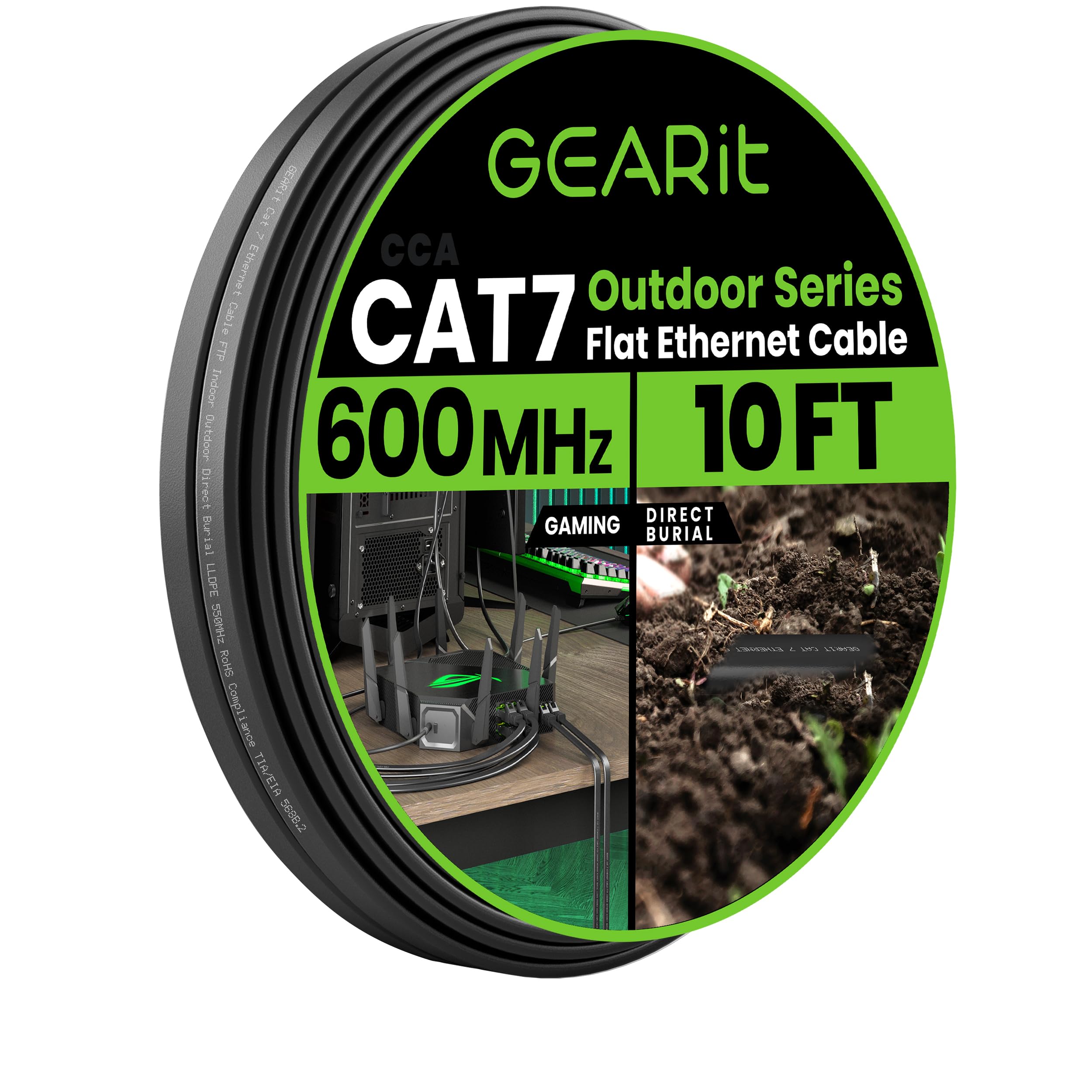 GEARit Cat 7 Outdoor Flat Ethernet Cable (10ft, Black) Direct Burial Rated LLDPE Jacket - Indoor Cat7 Shielded FTP 600MHz 10Gbps High Speed Gaming