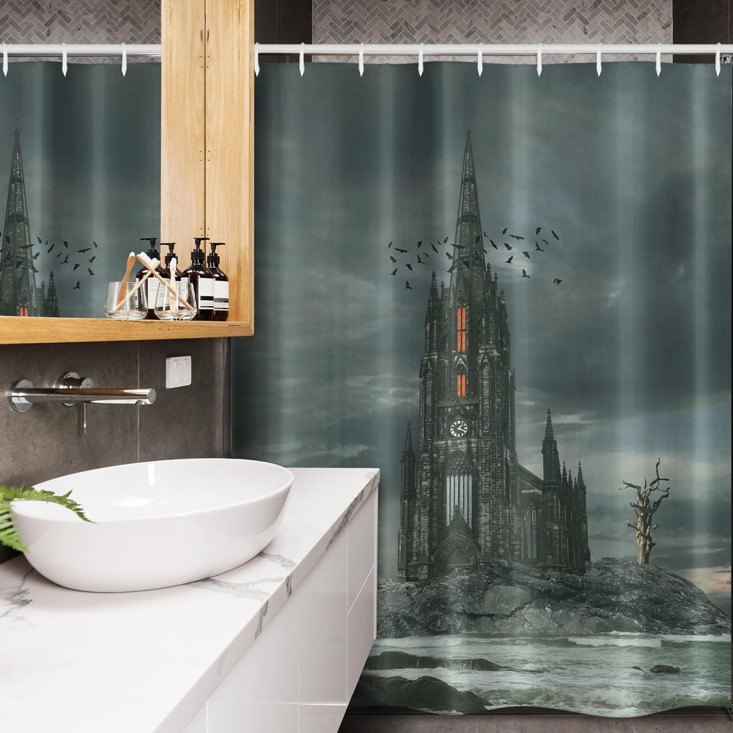 Ambesonne Gothic Stall Shower Curtain, Mysterious Gothic Castle Edinburgh Darkness Dramatic Sky Clouds Bat Old Building, Fabric Bathroom Decor Set with Hooks, 54" W x 78" L, Olive Green