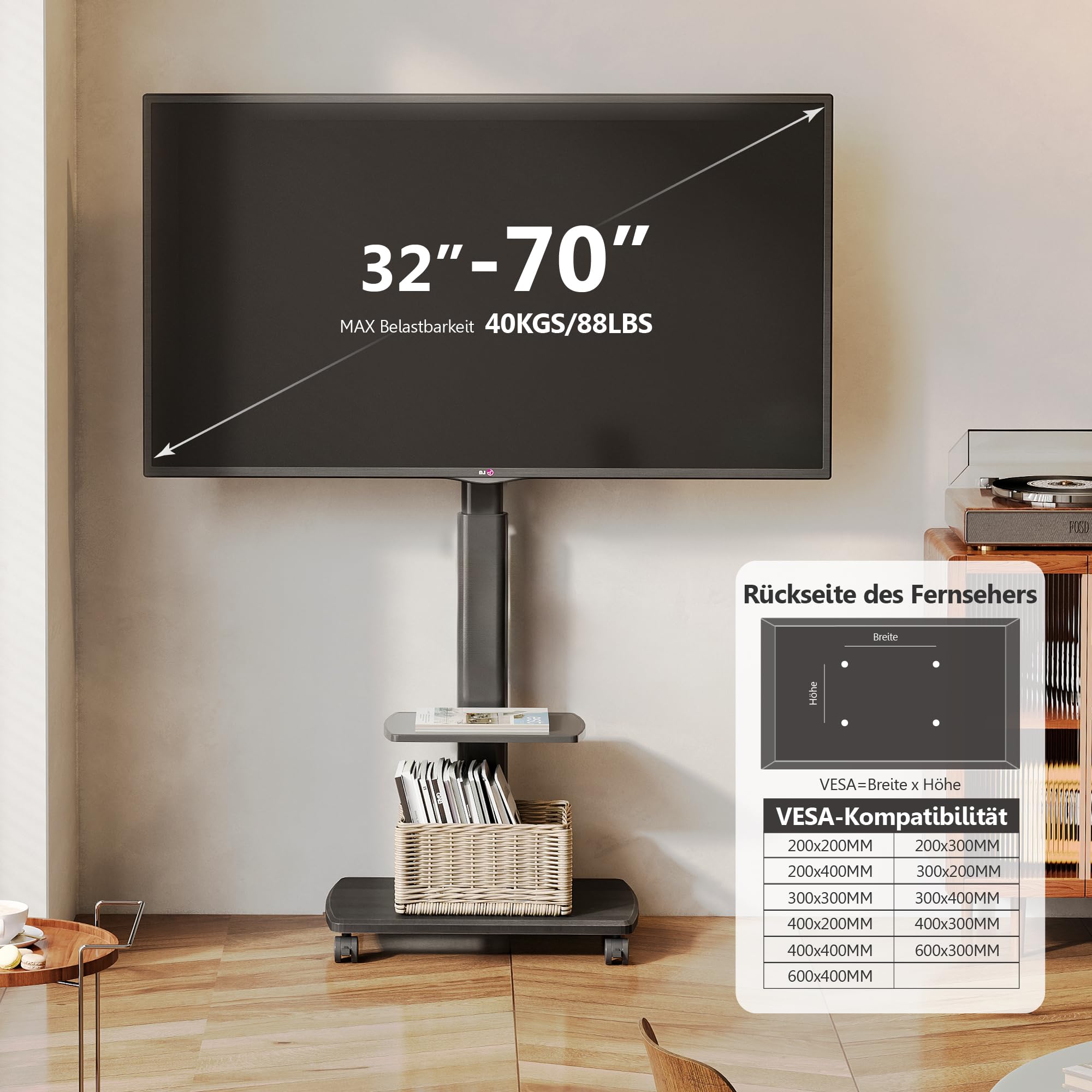 FITUEYES TV Ständer Rollbar, TV Standfuß mit 2 Ablagen für 32-70 Zoll Fernseher bis 40 kg, Höhenverstellbar & Schwenkbar, Max. VESA. 600 * 400 mm, Geeignet für Mietwohnungen Büros, Schwarz