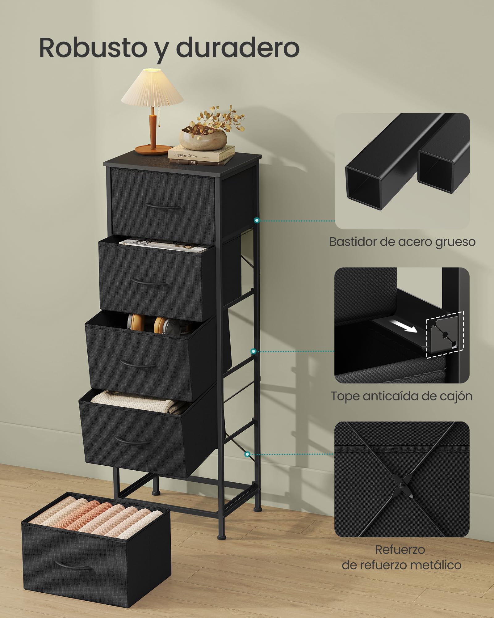 SONGMICS BELLAH Colección - Cómoda, 5 Cajones de Tela, Acero, MDF, Tela no Tejida, para Dormitorio, Armario, Pasillo, Salón, Negro Tinta y Negro Ébano LGS315BH03