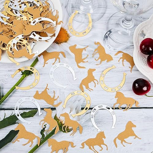 Miniatura 7 de Gejoy 800 piezas de decoración de confeti de herradura, decoración de fiesta de caballo, accesorios temáticos de caballo vaquero, confeti con