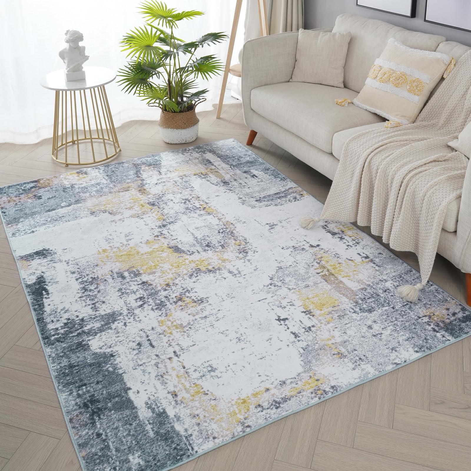 Abstract Gold and Grey Area Rug, 3x5 Washable Bedroom Rug Soft Throw Entry Mat Accent Faux Wool Non-Slip Stain Resistant Carpet for Living Room Entrance Kitchen