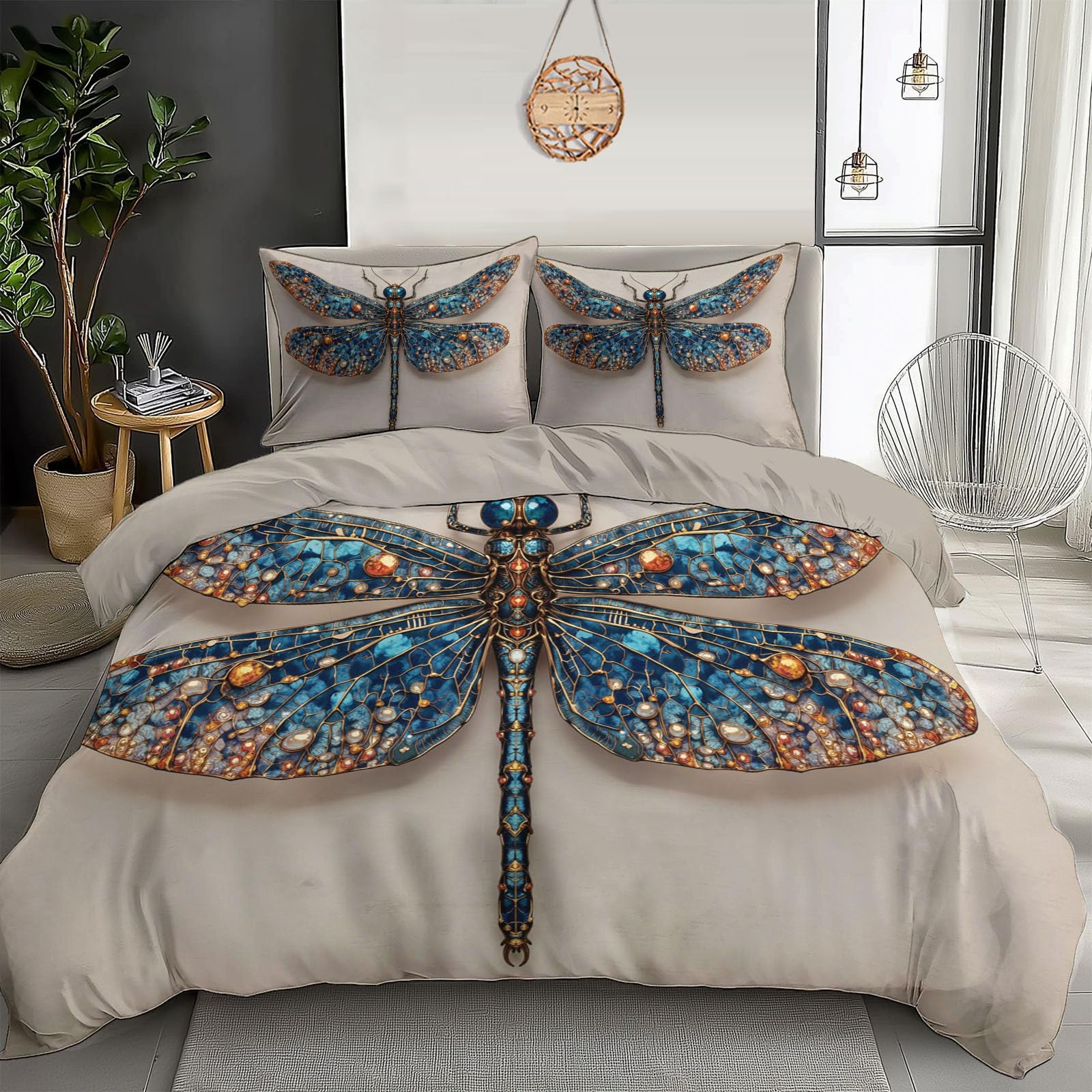 Housse de couette 240x260 vintage libellule en microfibre haute densité avec zip