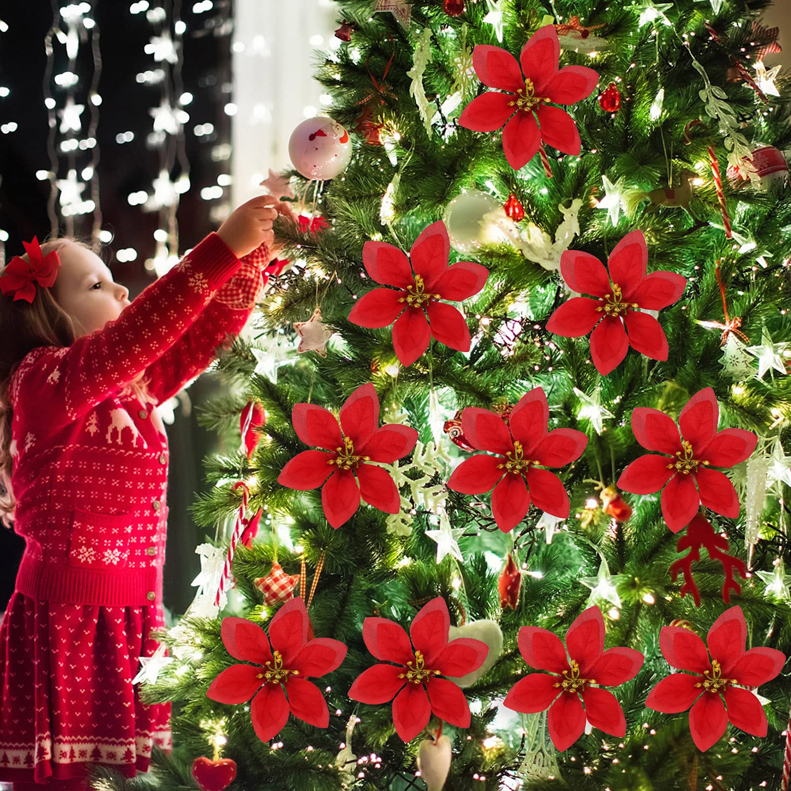 VKTY 60PCS Christmas Poinsettia Flowers, Christmas Poinsettia Decorations in Wreaths Garland - Image 2