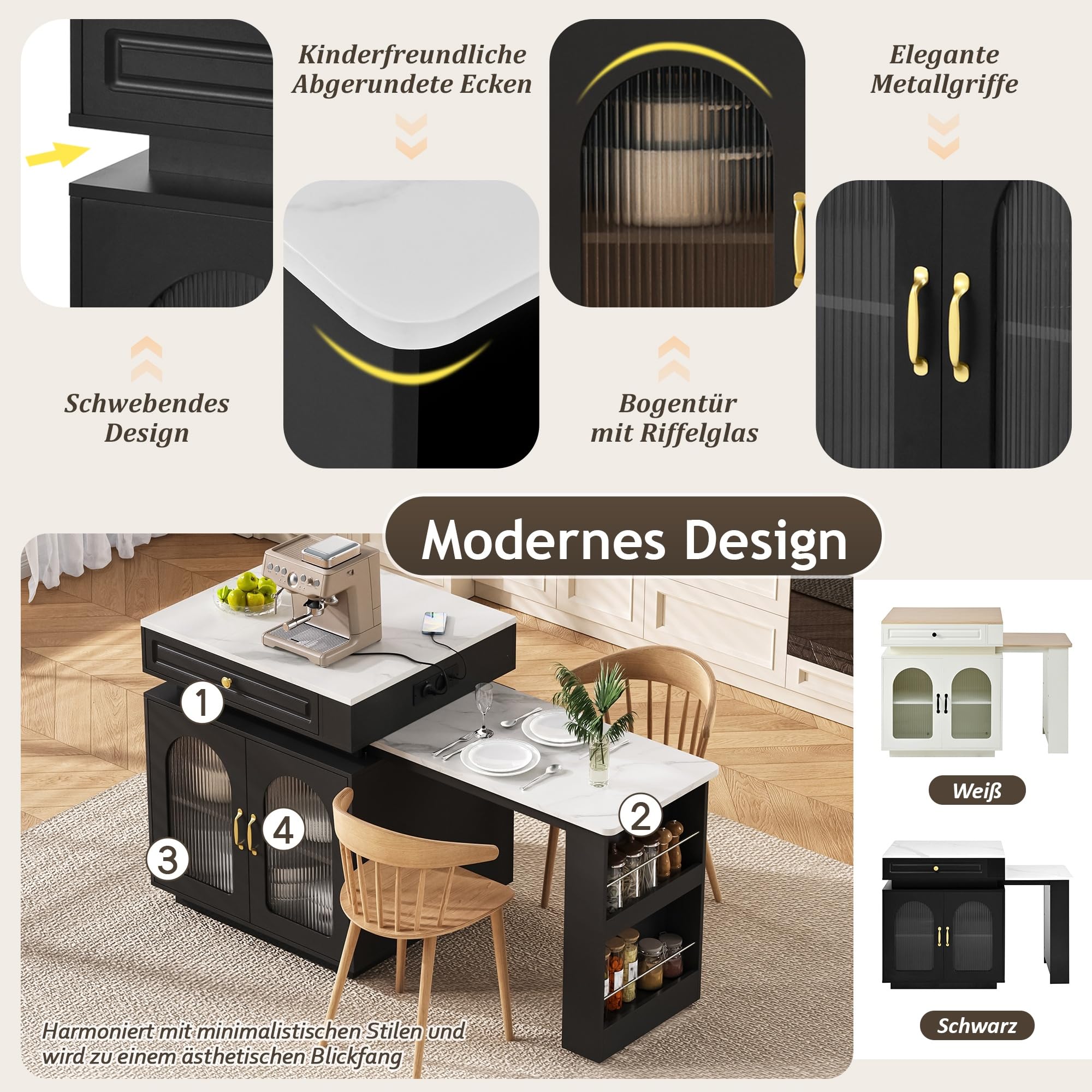 Isla de Cocina con LED, Mesa Extensible con Tablero Extraíble y Regletas de Enchufes, Mesa Alta con Puerta de Cristal y Cajones, Modern Mueble Buffet con Almacenamiento, 128~200×71×92cm (Negro)